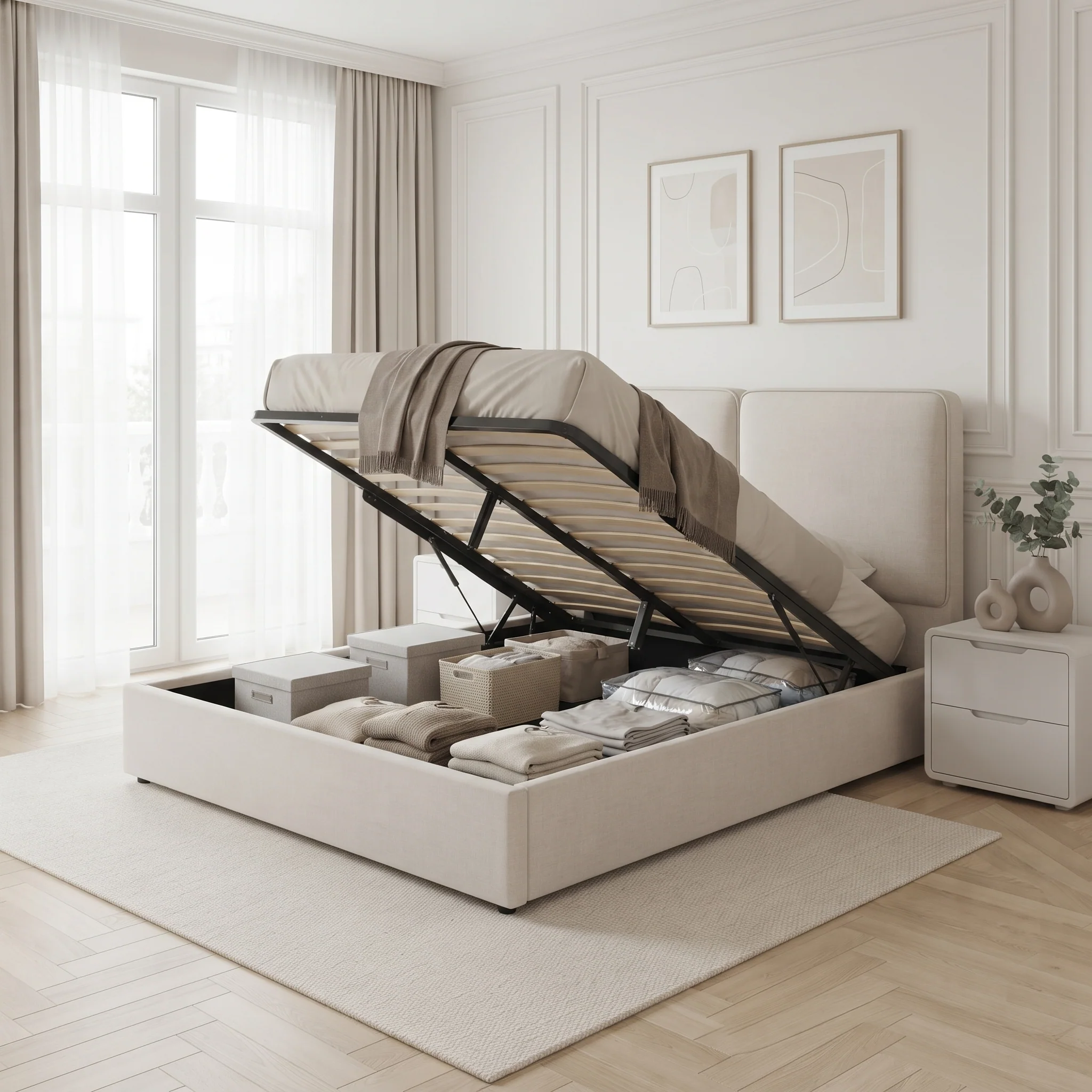 Pureloft Queen Gas Lift Bed Frame - Linen Light Beige