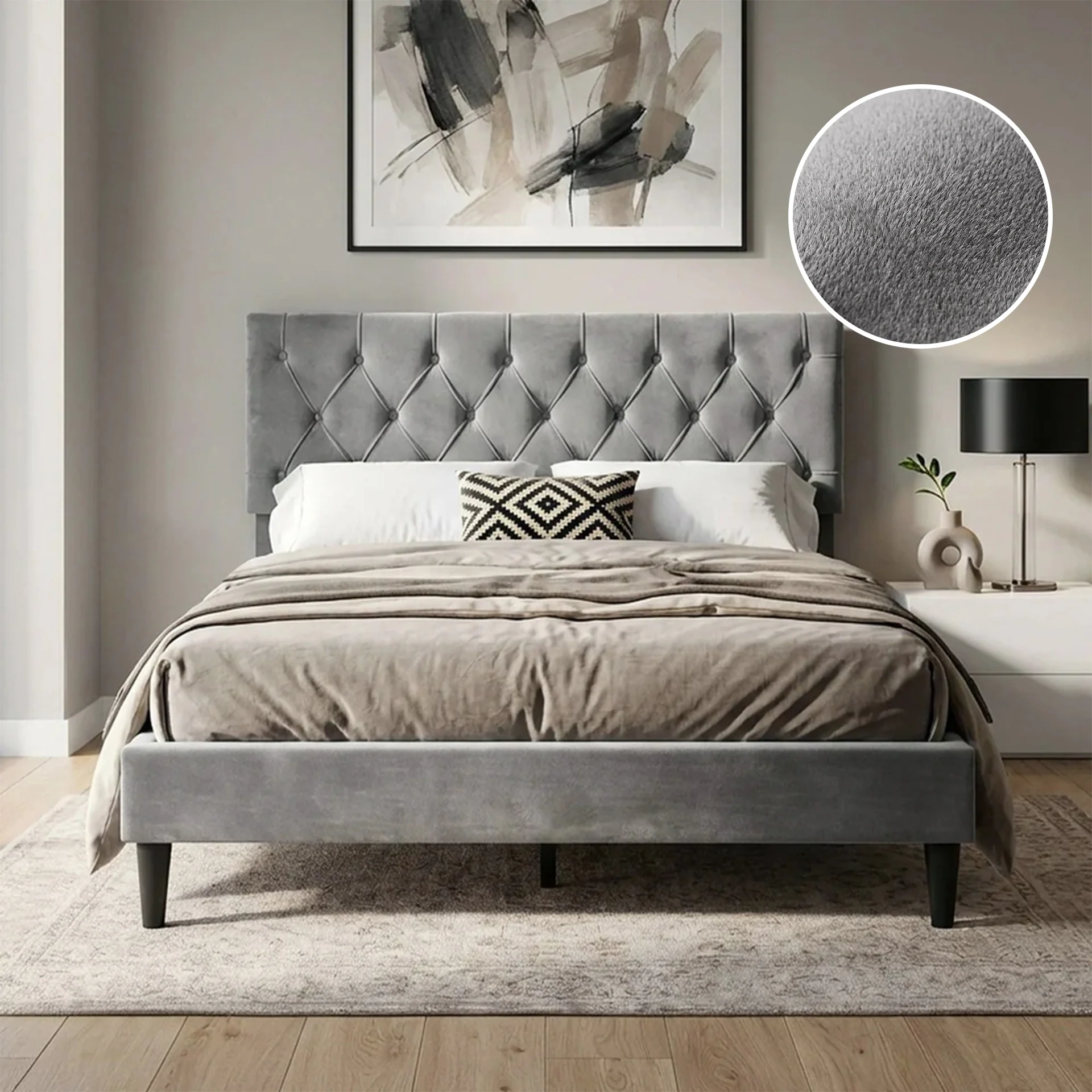 Rila Double Velvet Bed Frame - Grey - Image 2