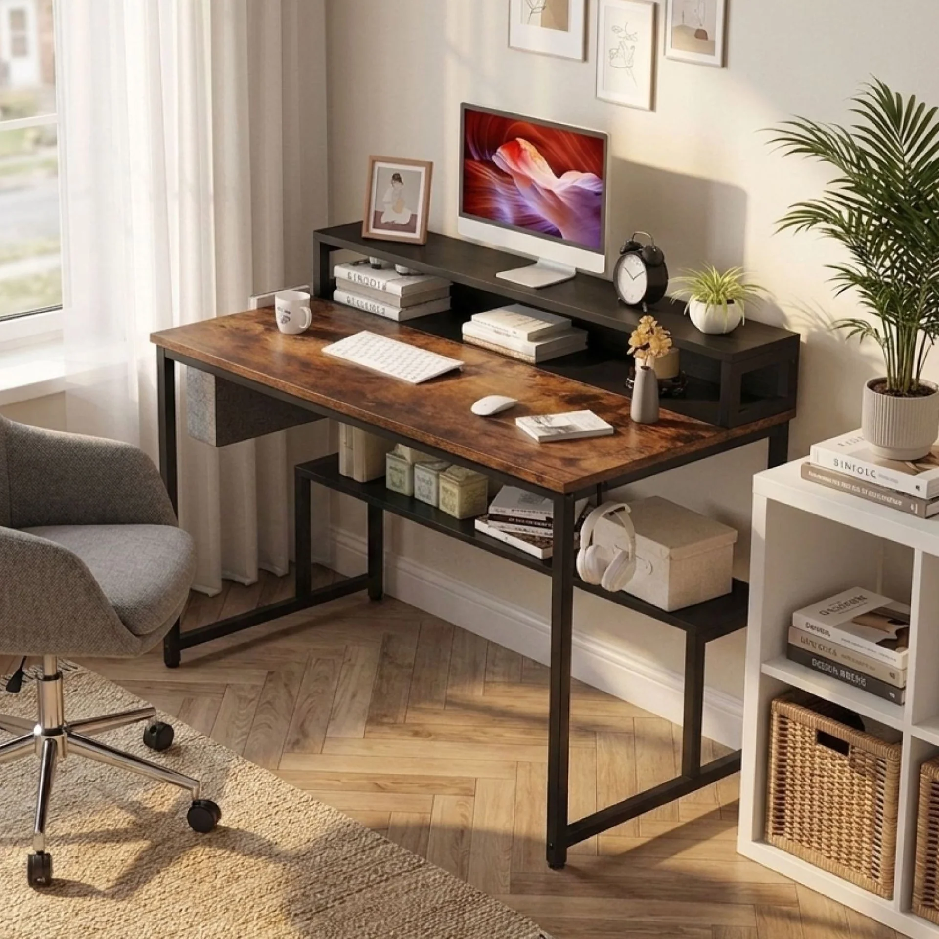 Robert 120cm Computer Desk with Storage - Rustic Brown + Black - Image 2