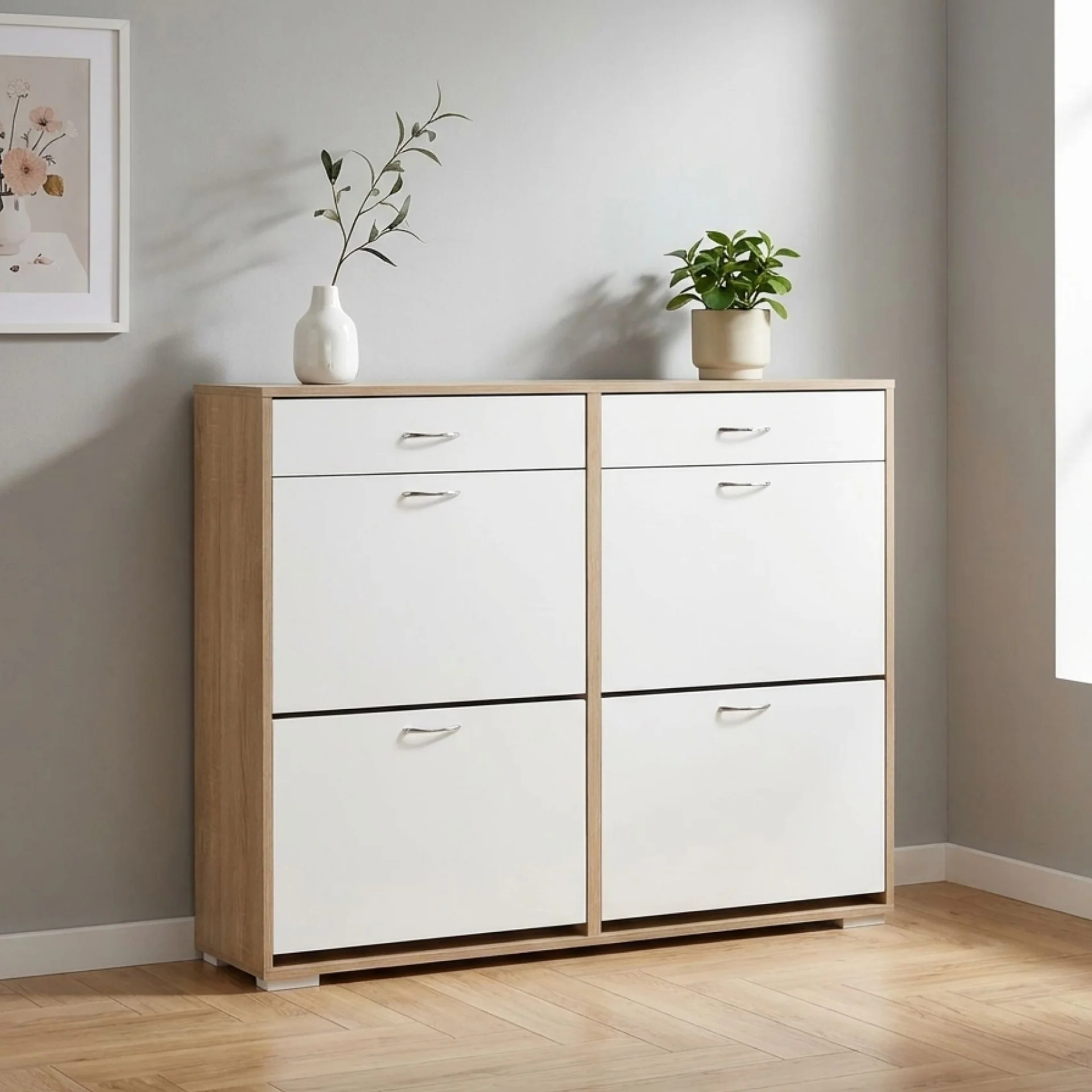 Rotoroa 6 Drawer Shoe Cabinet Storage Rack - Oak + White - Image 3