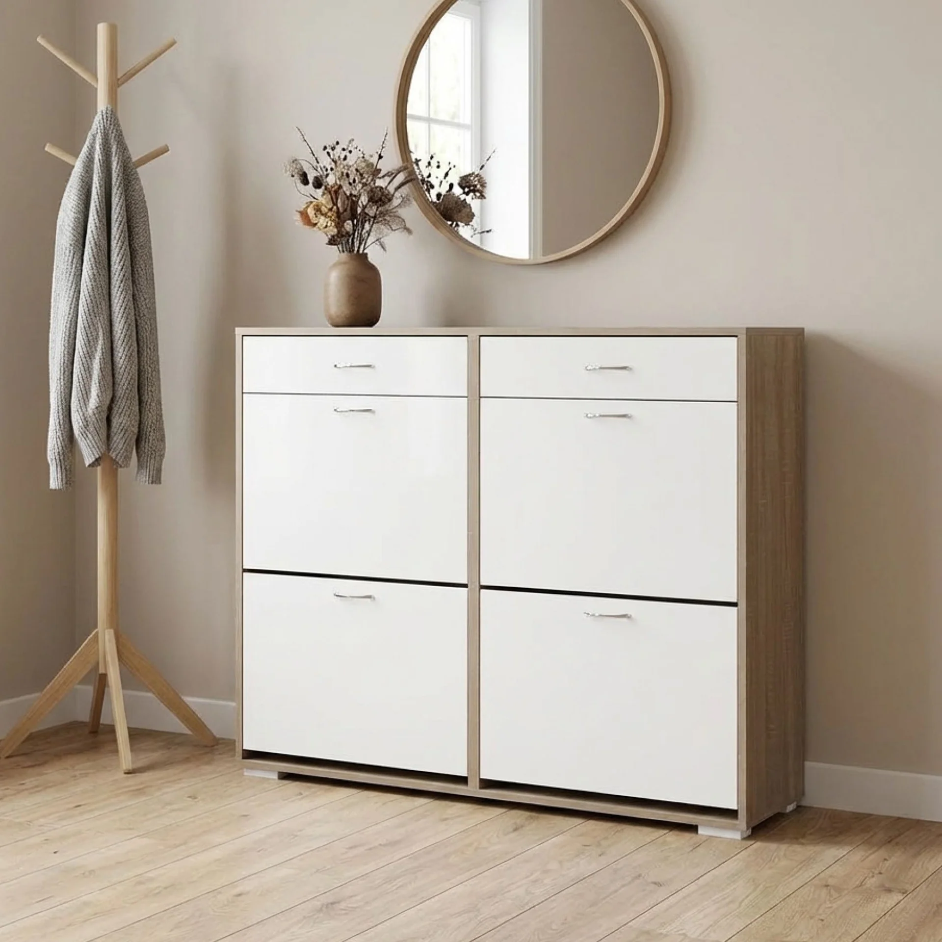 Rotoroa 6 Drawer Shoe Cabinet Storage Rack - Oak + White - Image 4
