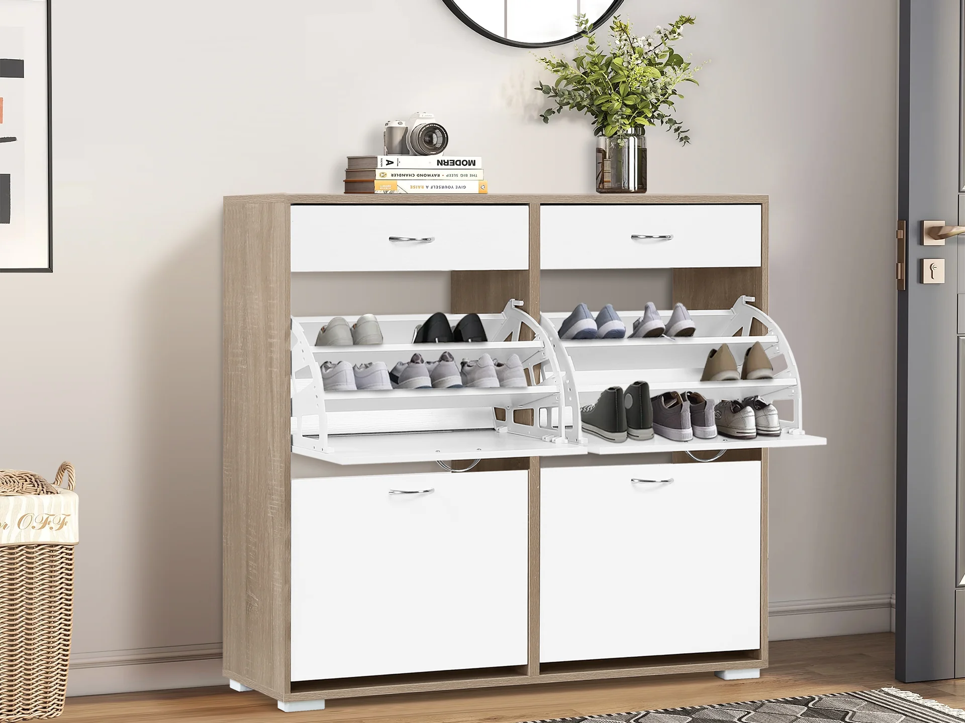 Rotoroa 6 Drawer Shoe Cabinet Storage Rack - Oak + White - Image 7
