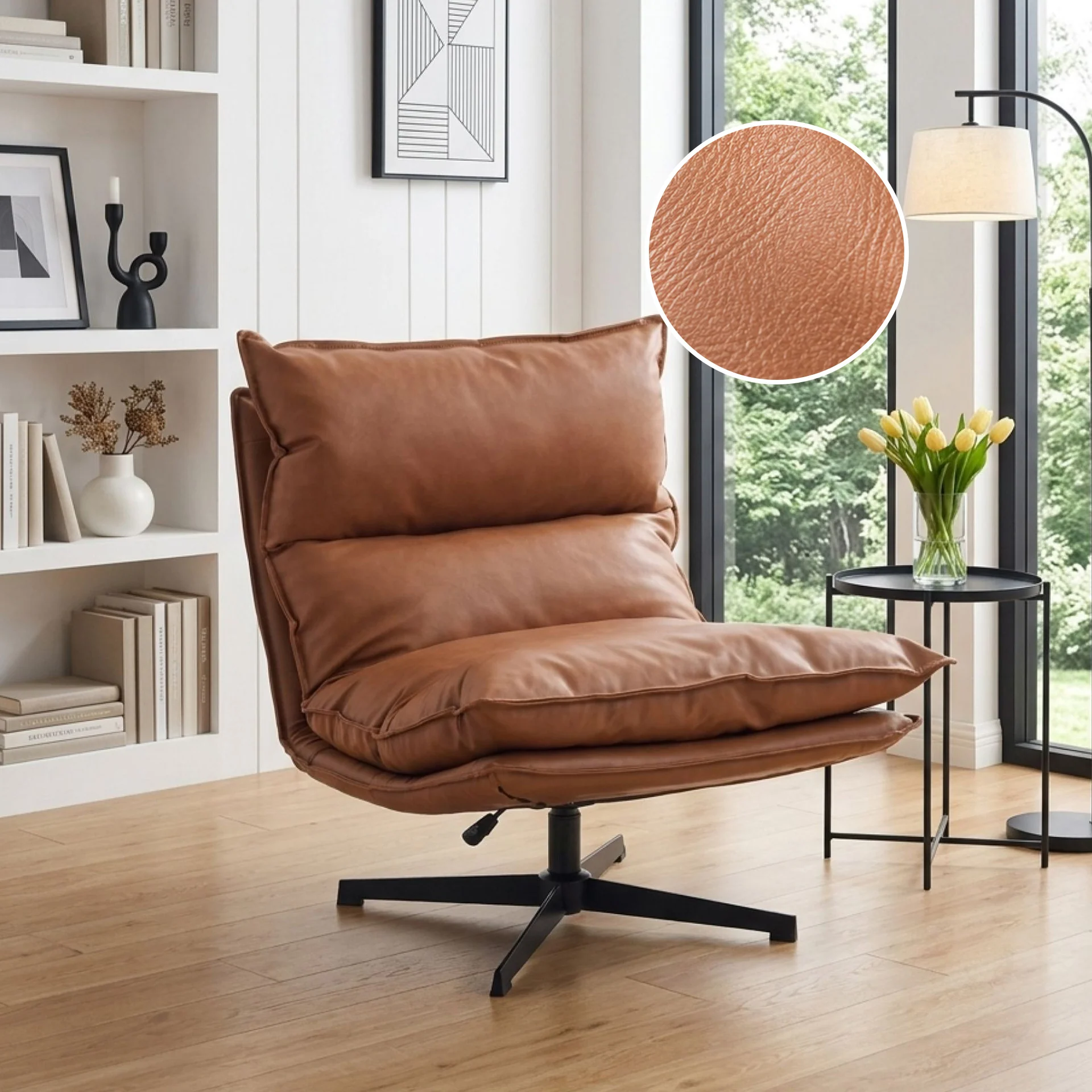 Saro Swivel Armchair with Adjustable Back - Caramel Brown - Image 3