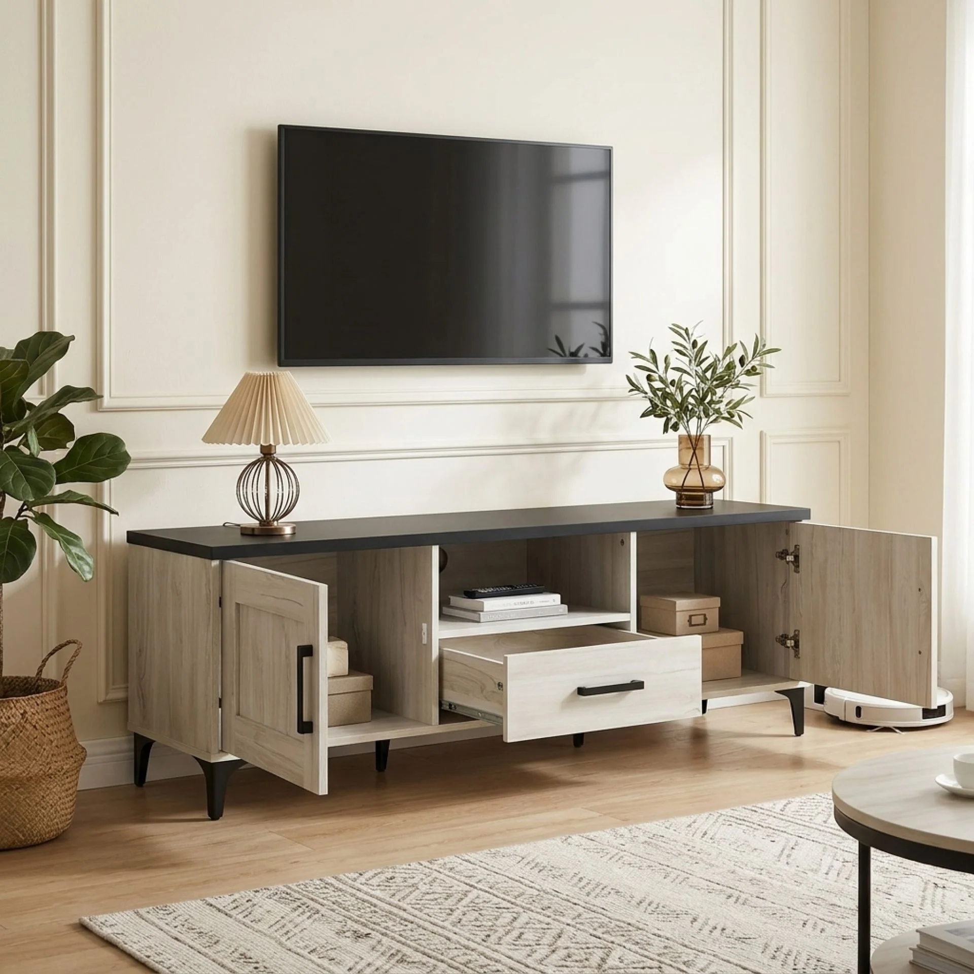 Scottie 1.5m Entertainment Unit - White Oak + Black - Image 2