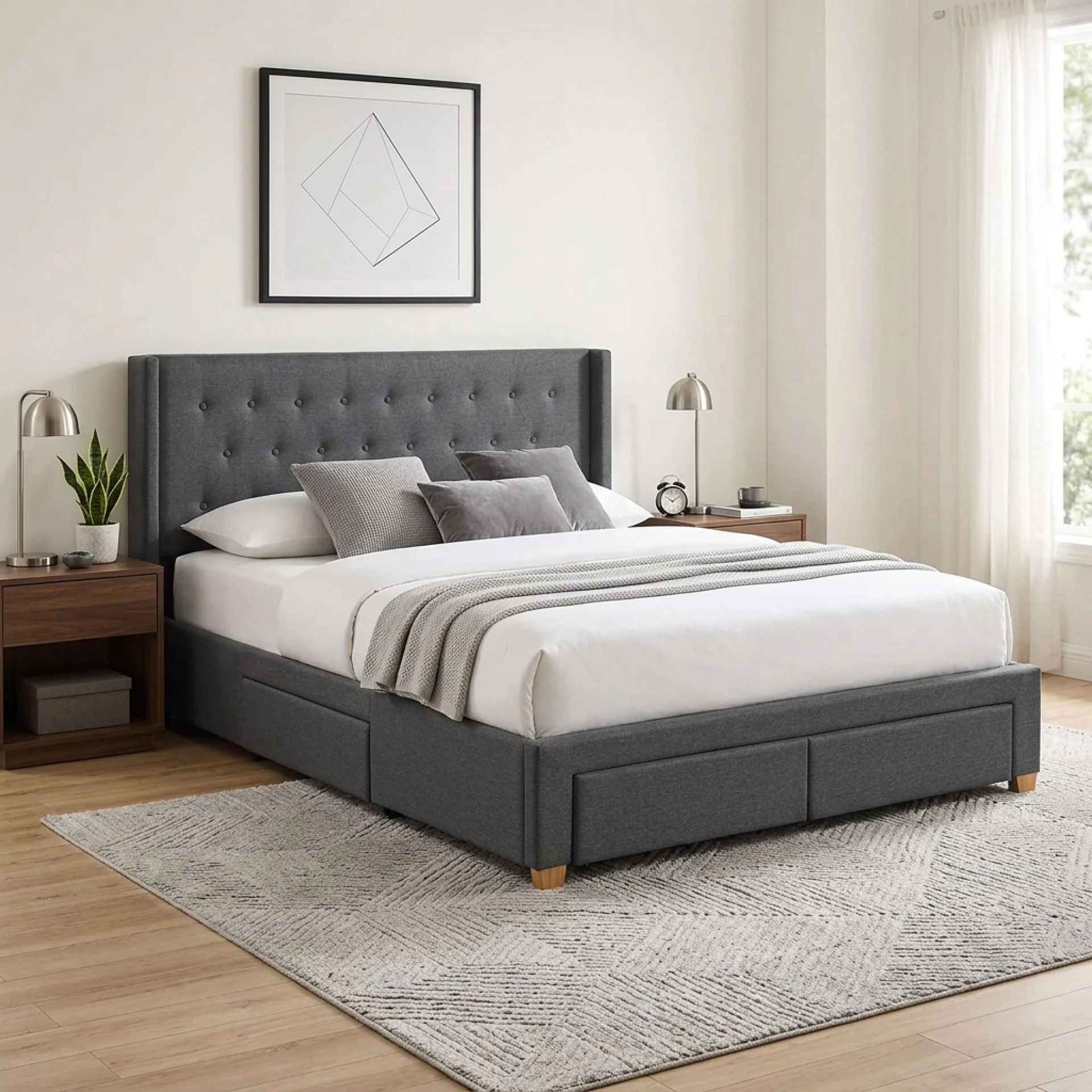 Sereno Queen Bed Frame with 4 Drawers - Dark Grey - Image 5