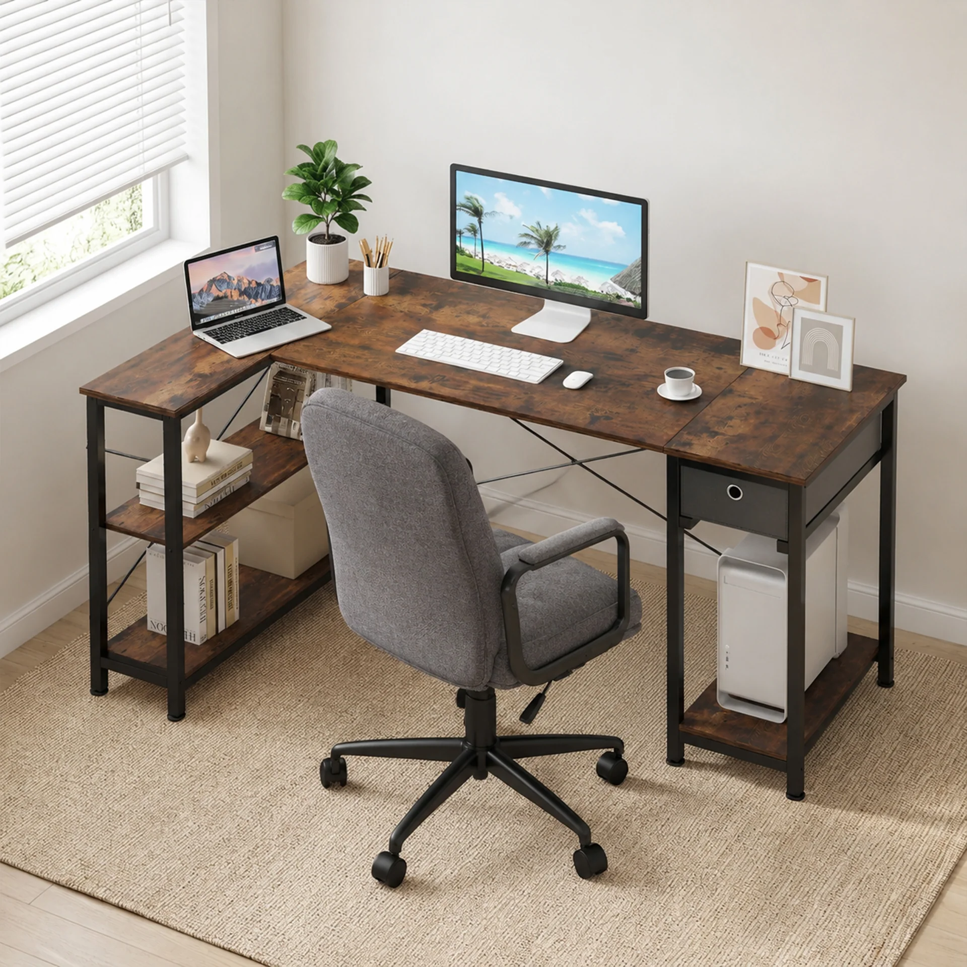 Simon Computer Corner Desk with Bookshelf - Rustic Brown - Image 3