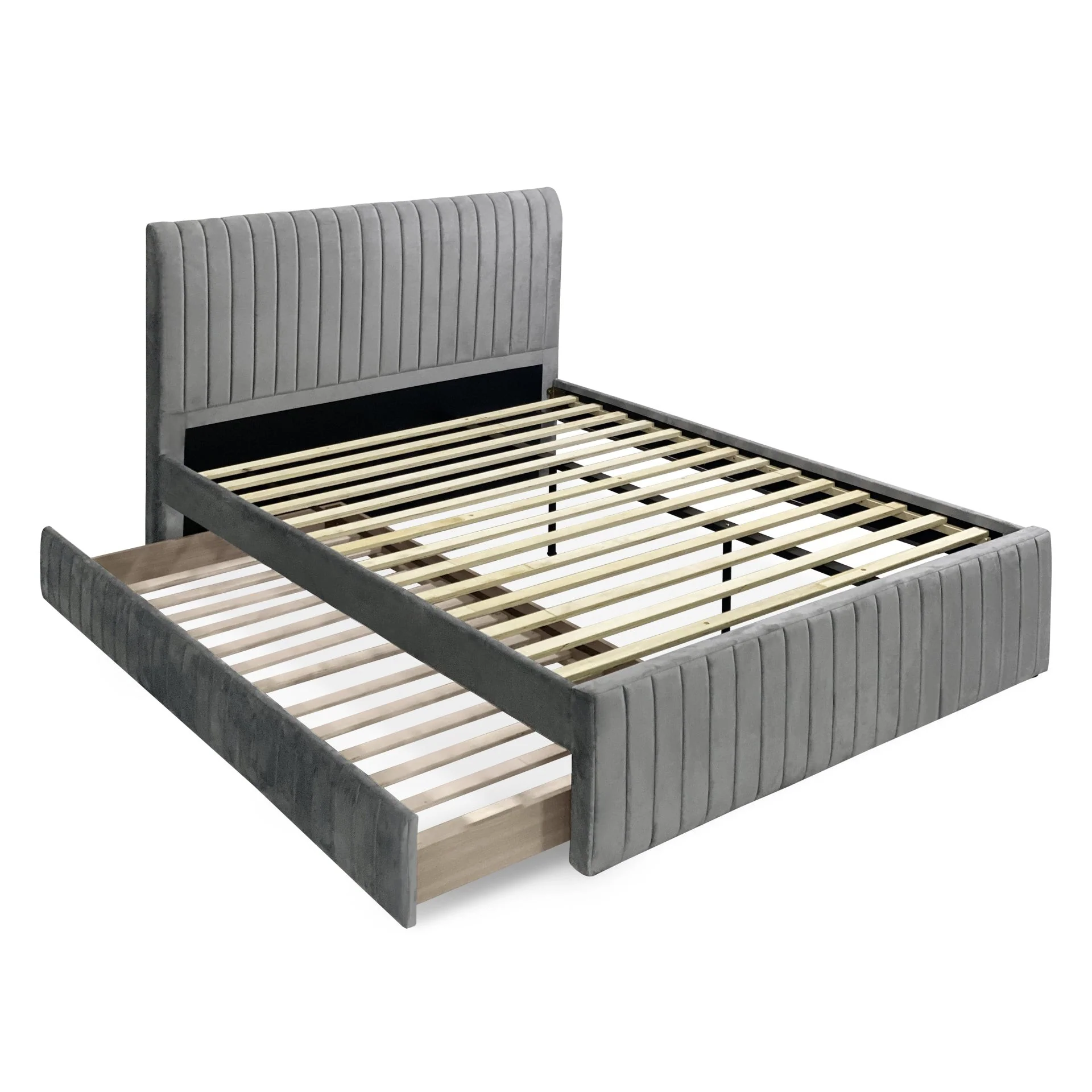 Tasman Velvet Queen with Single Trundle Bed Frame - Grey - Image 11