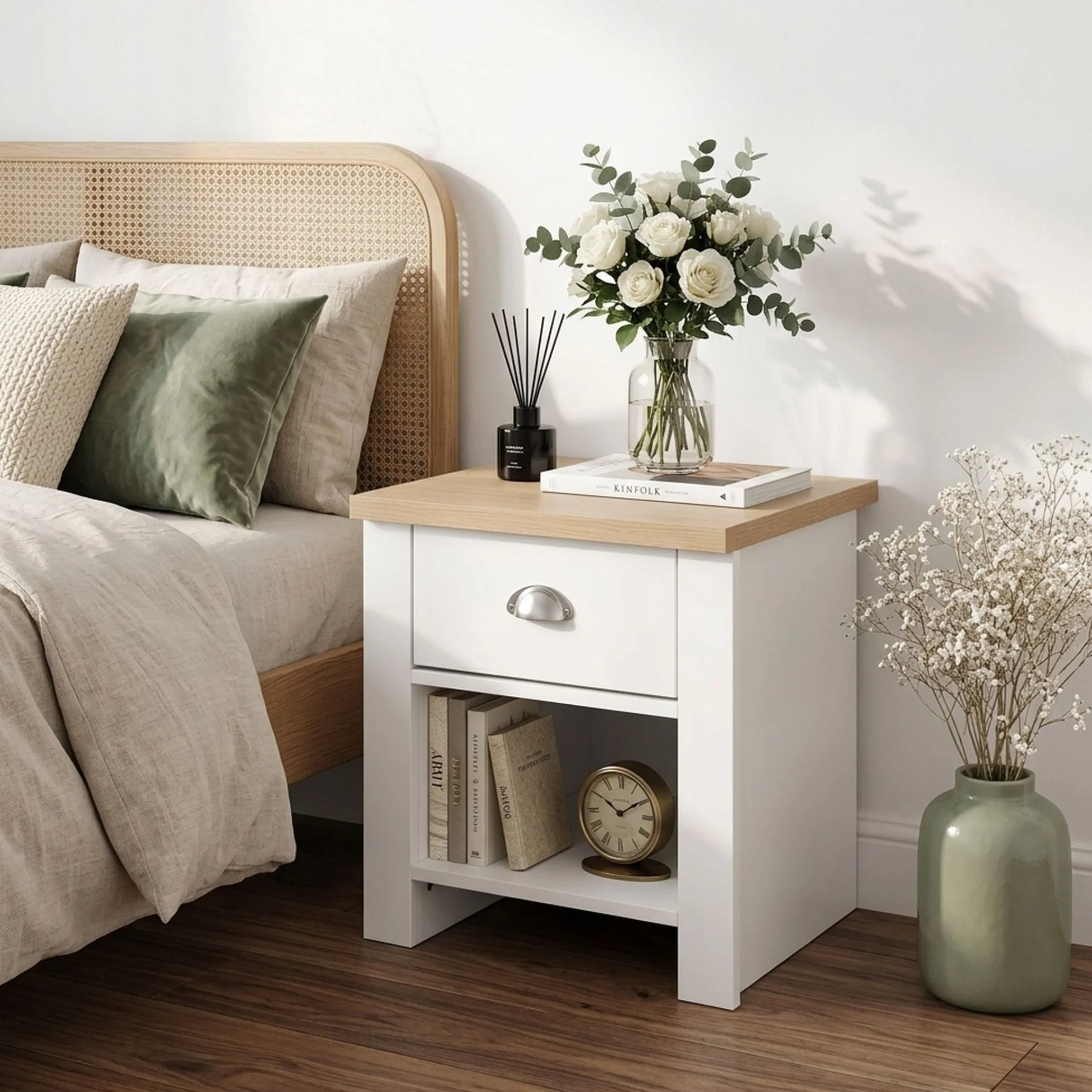 Tegan Bedside Table - Light Teak + White