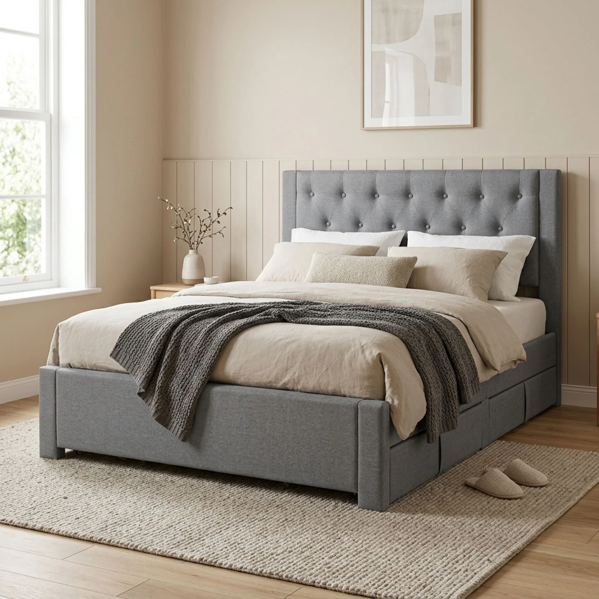 Thornton Double Fabric Bed Frame with 4 Drawers - Light Grey