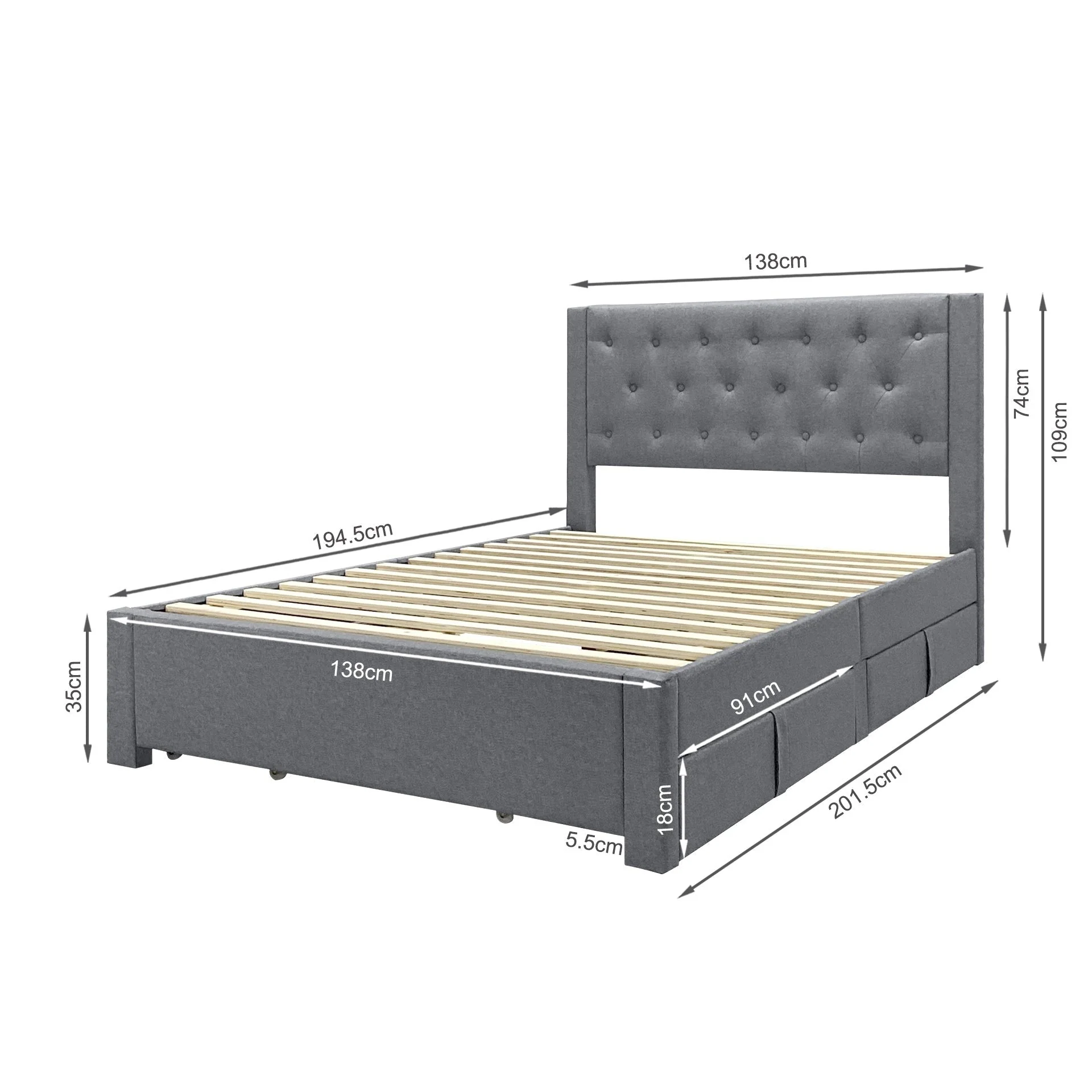 Thornton Double Fabric Bed Frame with 4 Drawers - Light Grey - Image 17