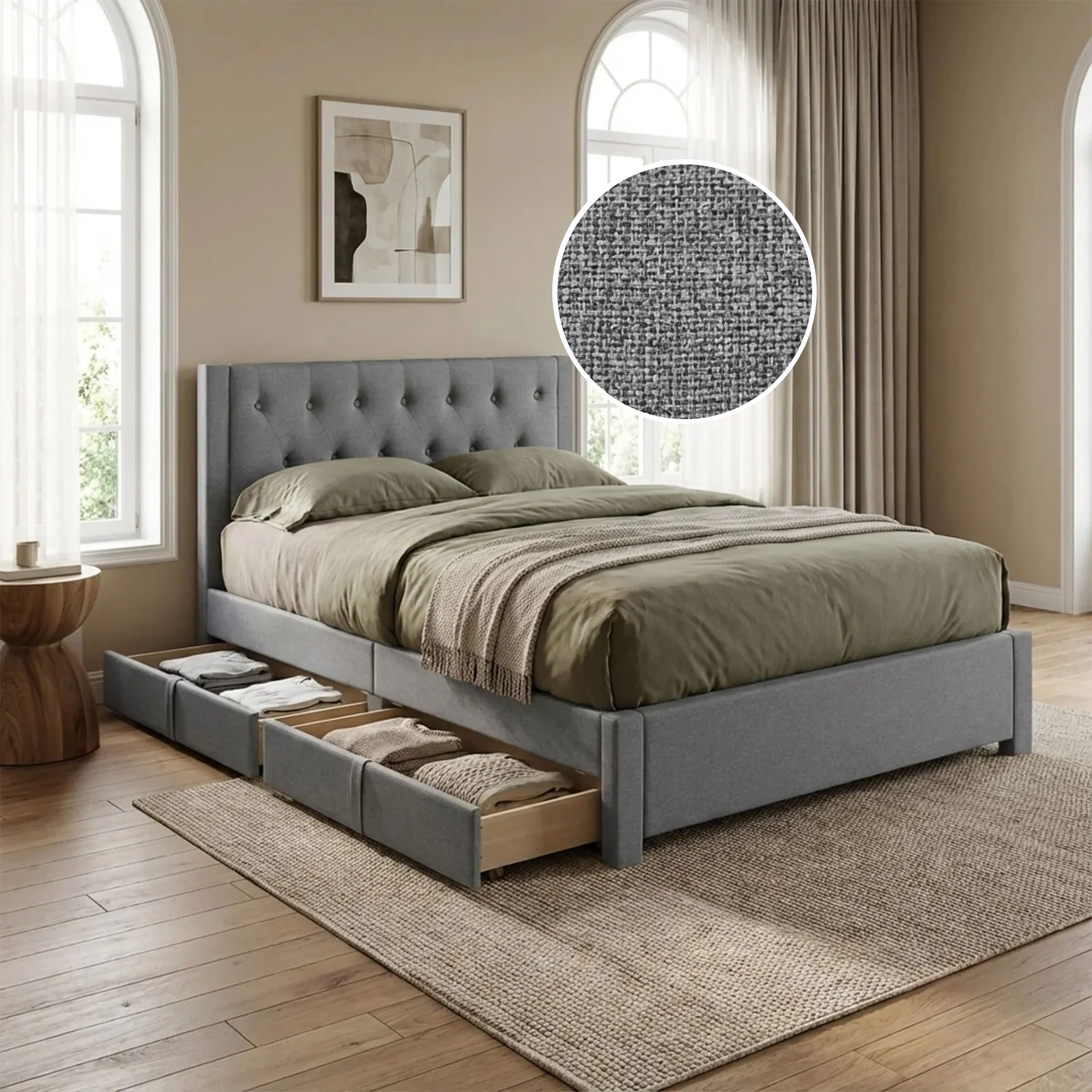 Thornton Double Fabric Bed Frame with 4 Drawers - Light Grey - Image 2