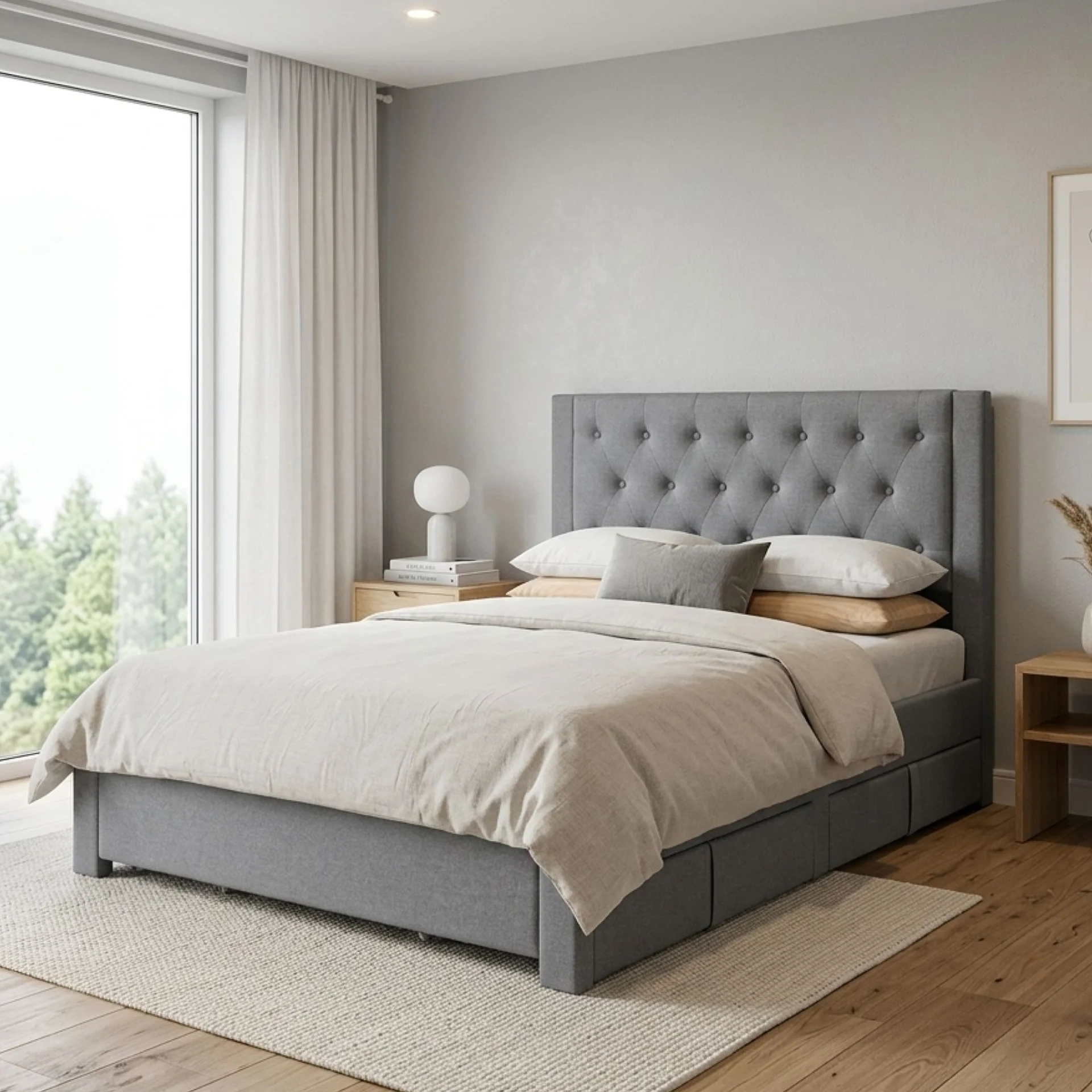 Thornton Double Fabric Bed Frame with 4 Drawers - Light Grey - Image 3