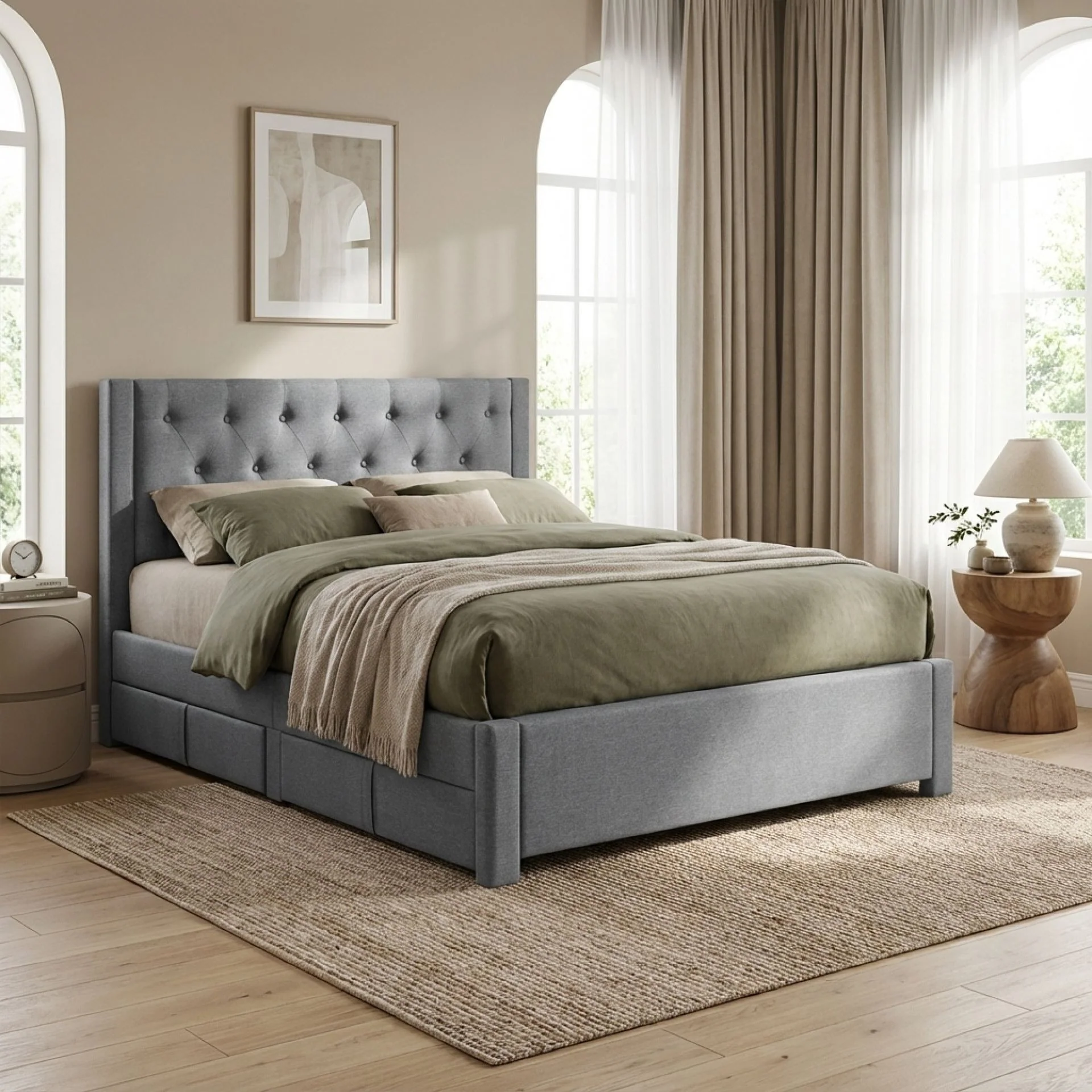 Thornton Double Fabric Bed Frame with 4 Drawers - Light Grey - Image 4