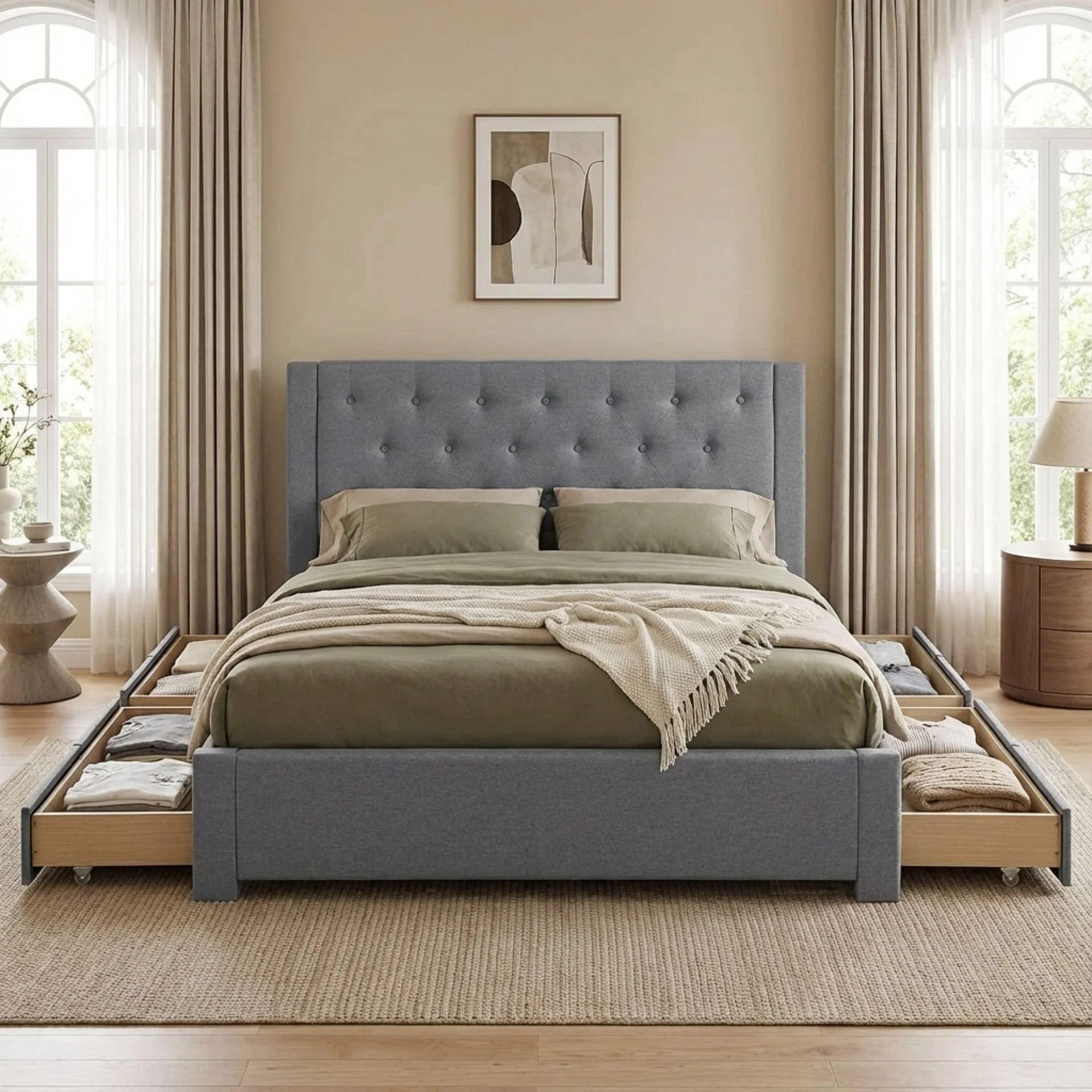 Thornton Double Fabric Bed Frame with 4 Drawers - Light Grey - Image 6
