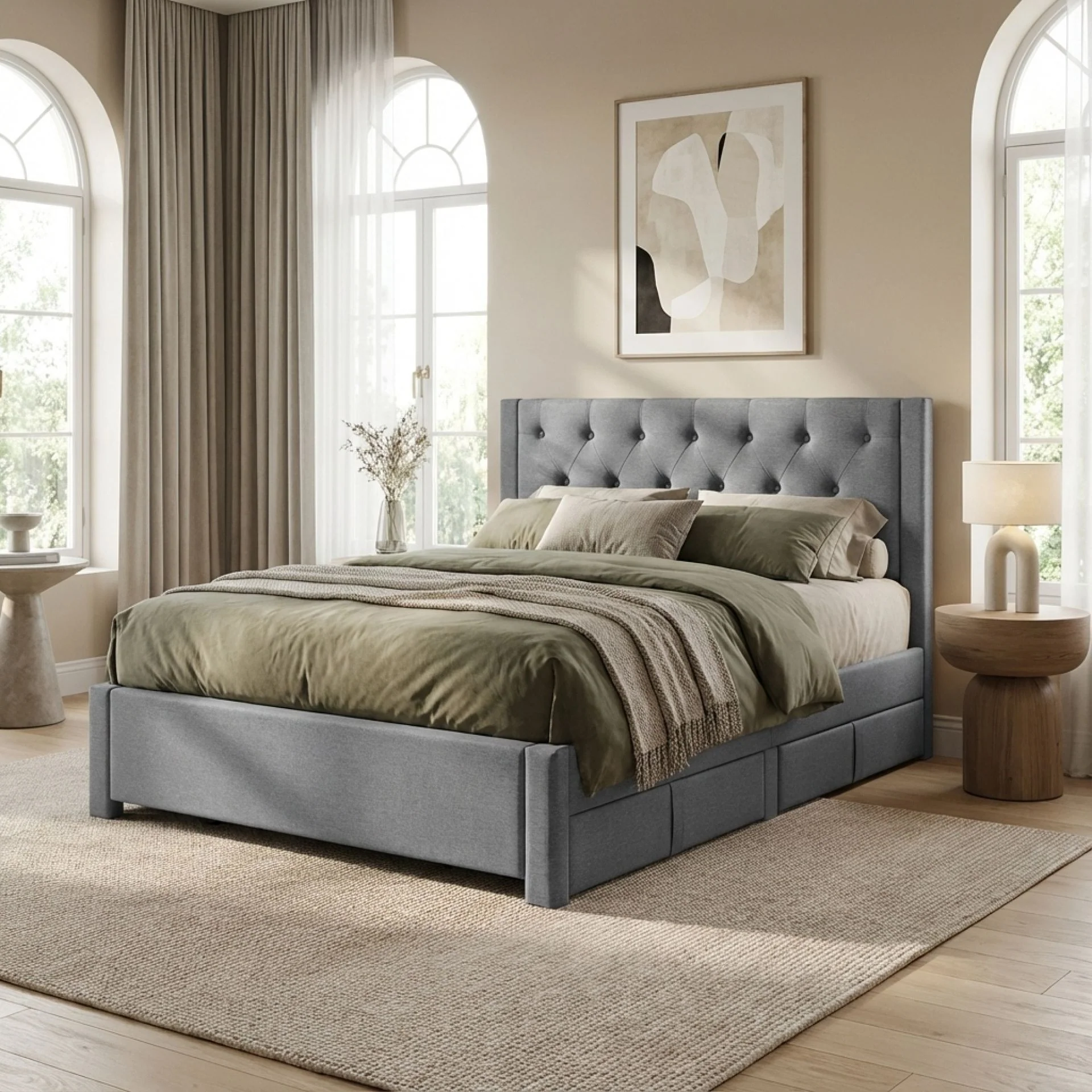 Thornton Double Fabric Bed Frame with 4 Drawers - Light Grey - Image 7