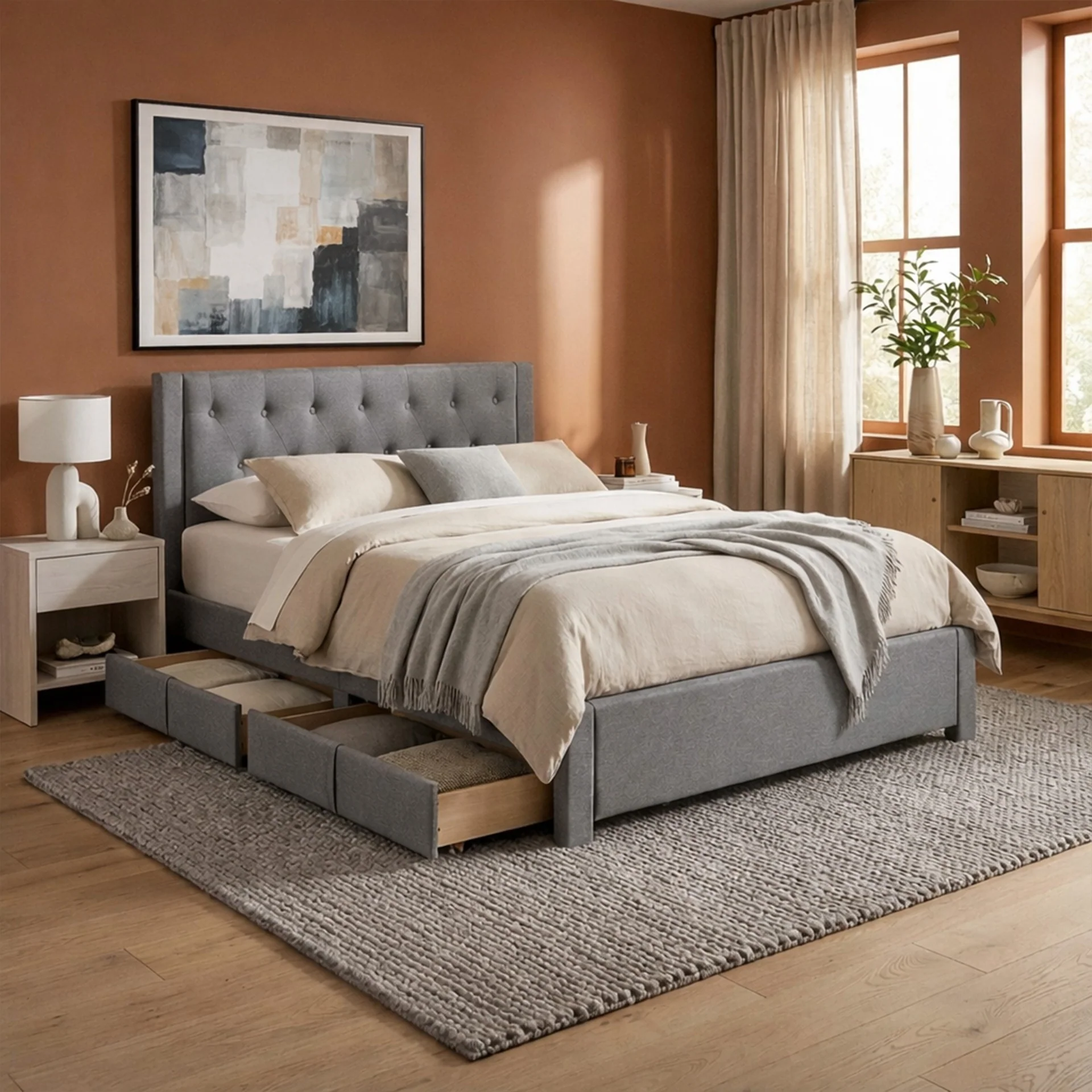 Thornton Queen Fabric Bed Frame with 4 Drawers - Light Grey