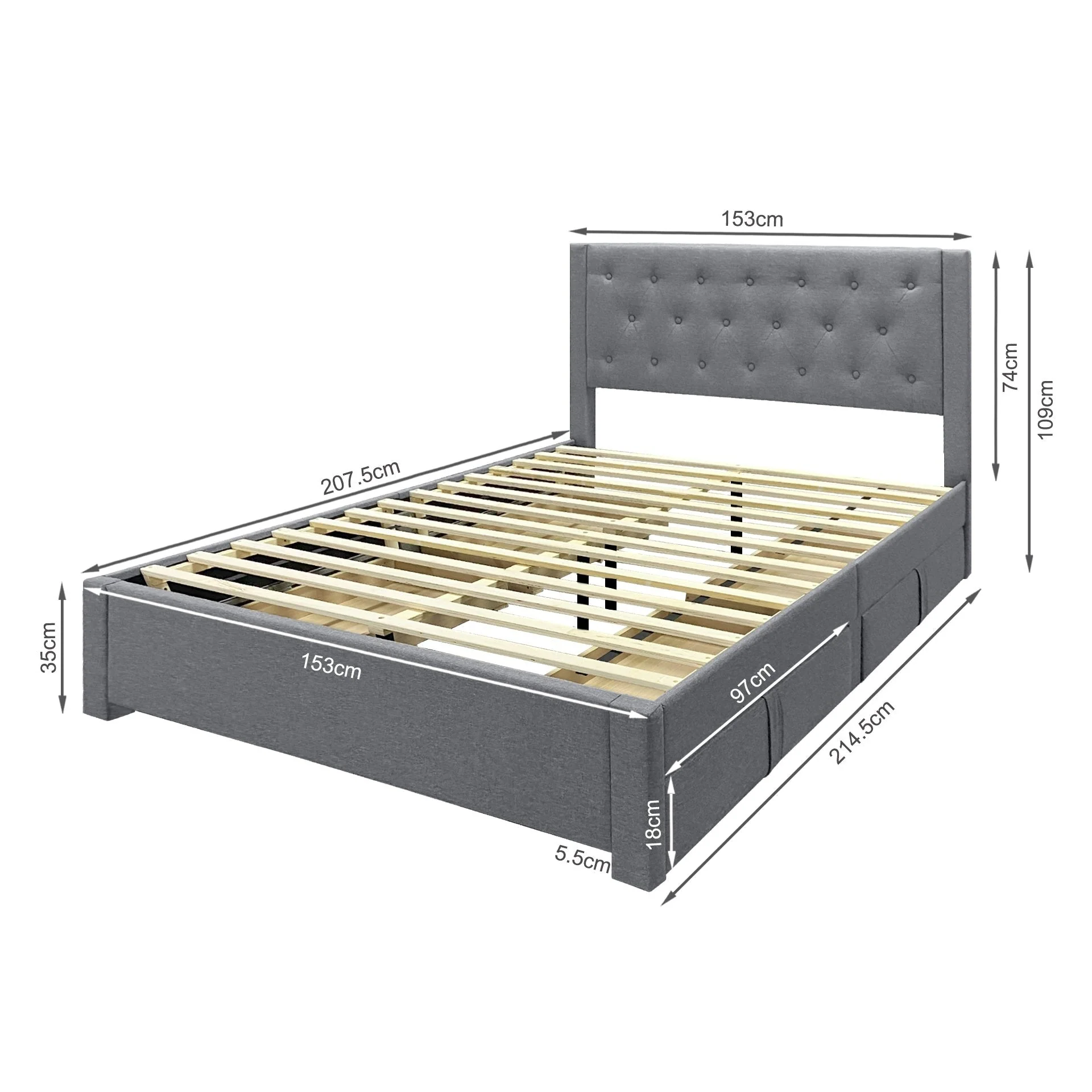 Thornton Queen Fabric Bed Frame with 4 Drawers - Light Grey - Image 14