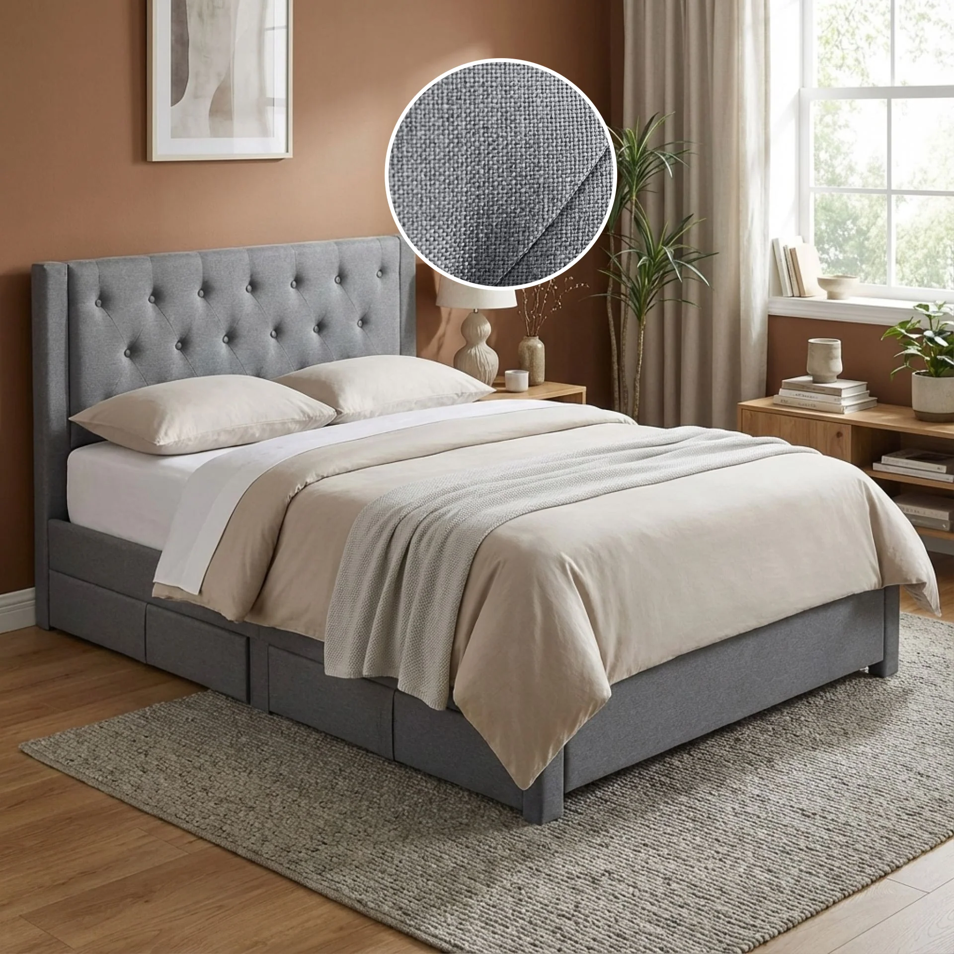 Thornton Queen Fabric Bed Frame with 4 Drawers - Light Grey - Image 2