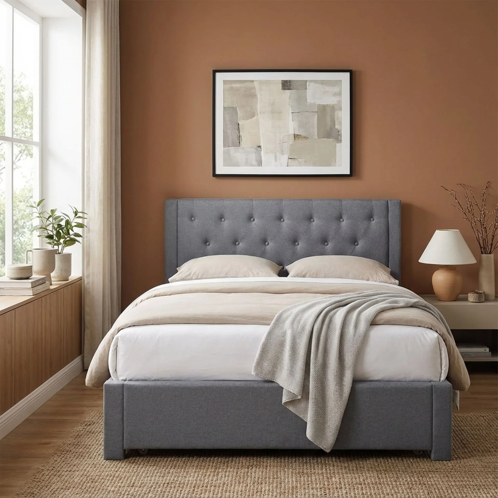 Thornton Queen Fabric Bed Frame with 4 Drawers - Light Grey - Image 3