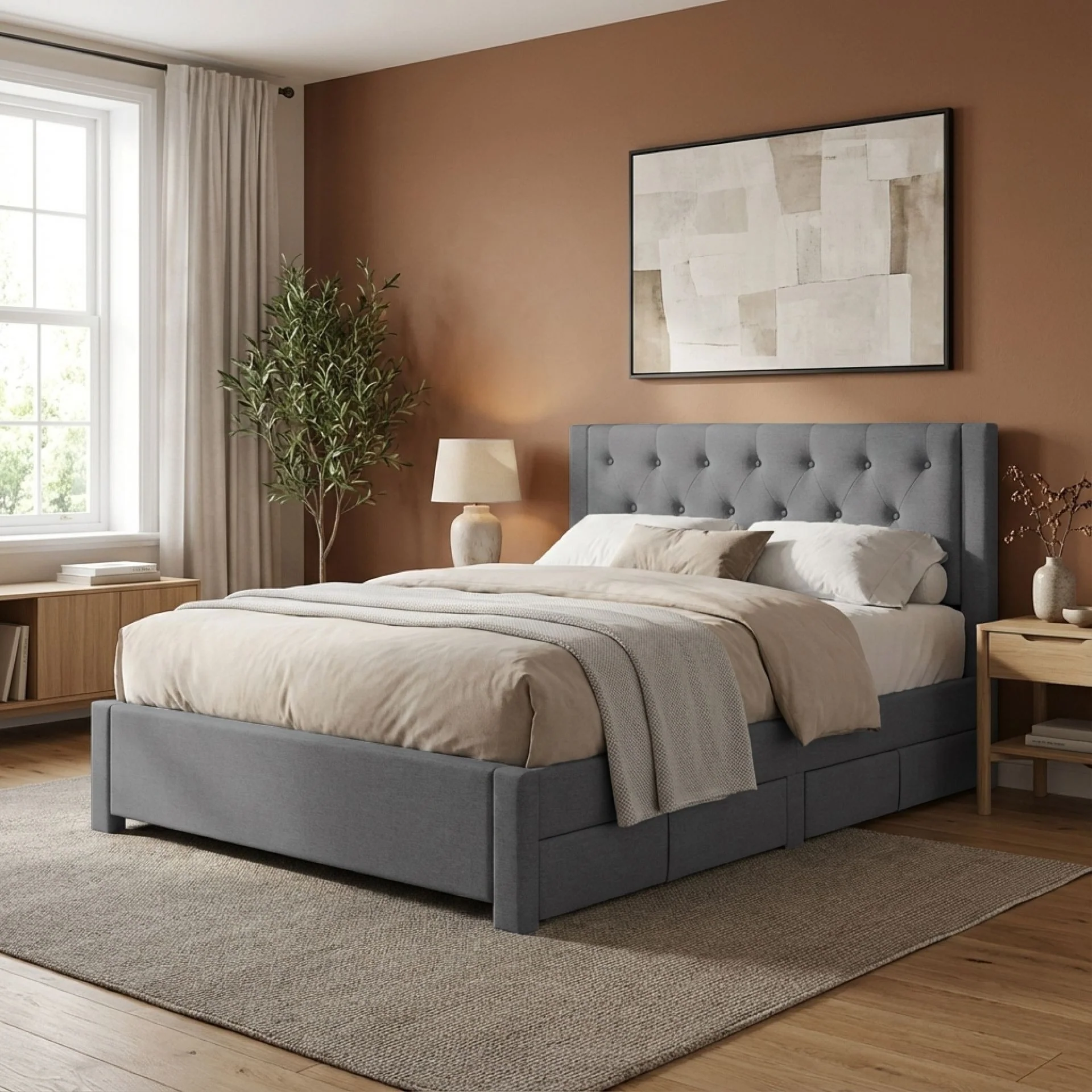 Thornton Queen Fabric Bed Frame with 4 Drawers - Light Grey - Image 4
