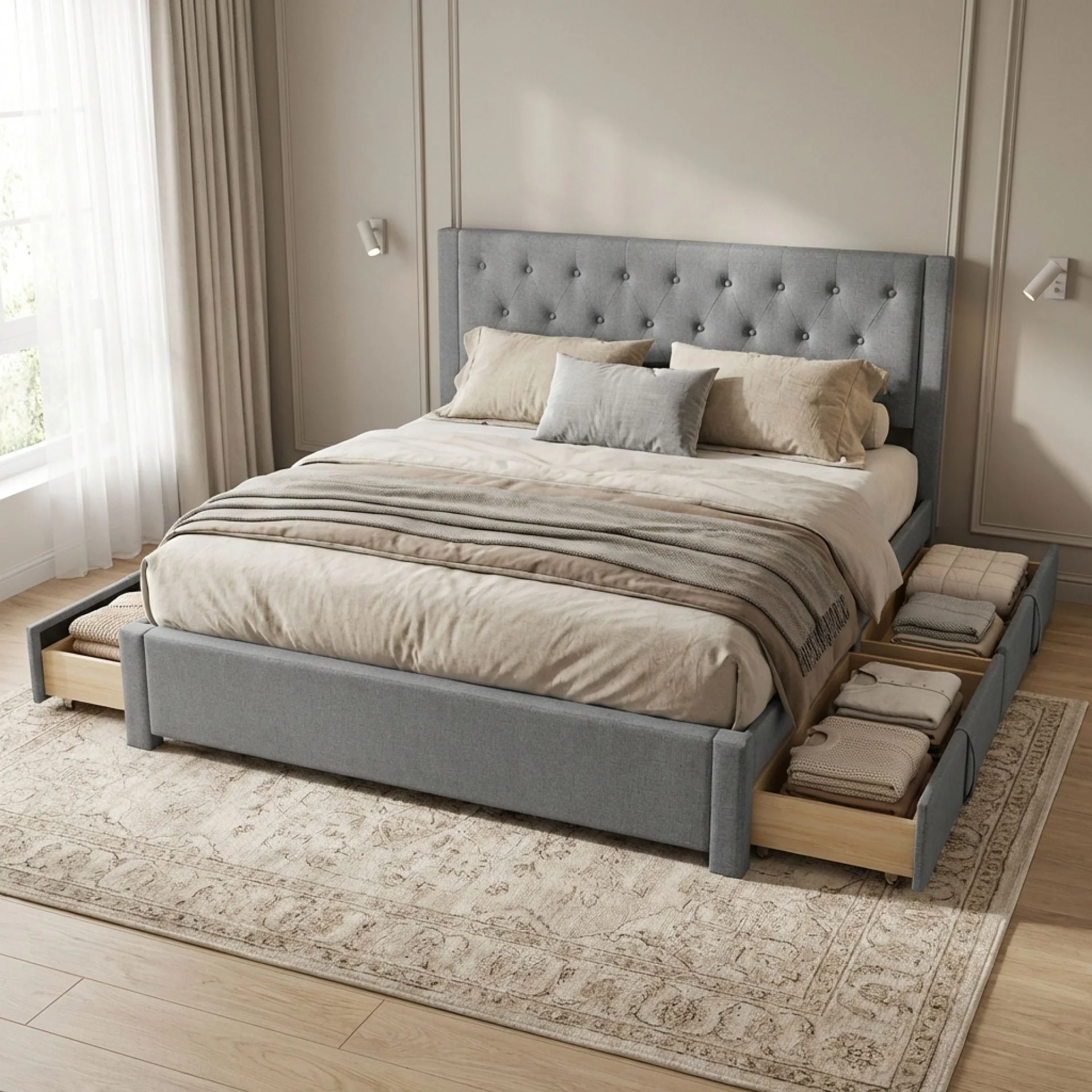Thornton Super King Fabric Bed Frame with 4 Drawers - Light Grey