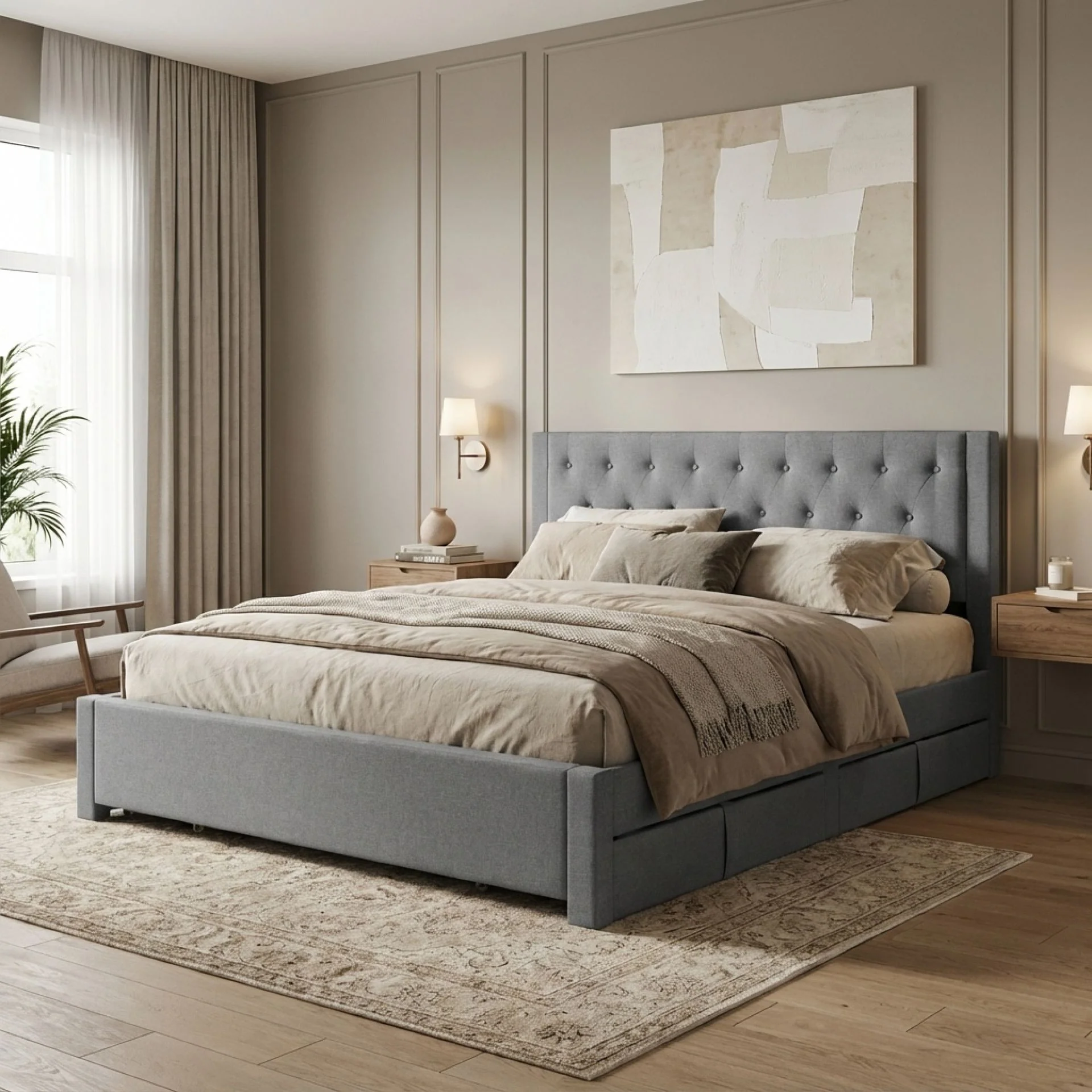 Thornton Super King Fabric Bed Frame with 4 Drawers - Light Grey - Image 2