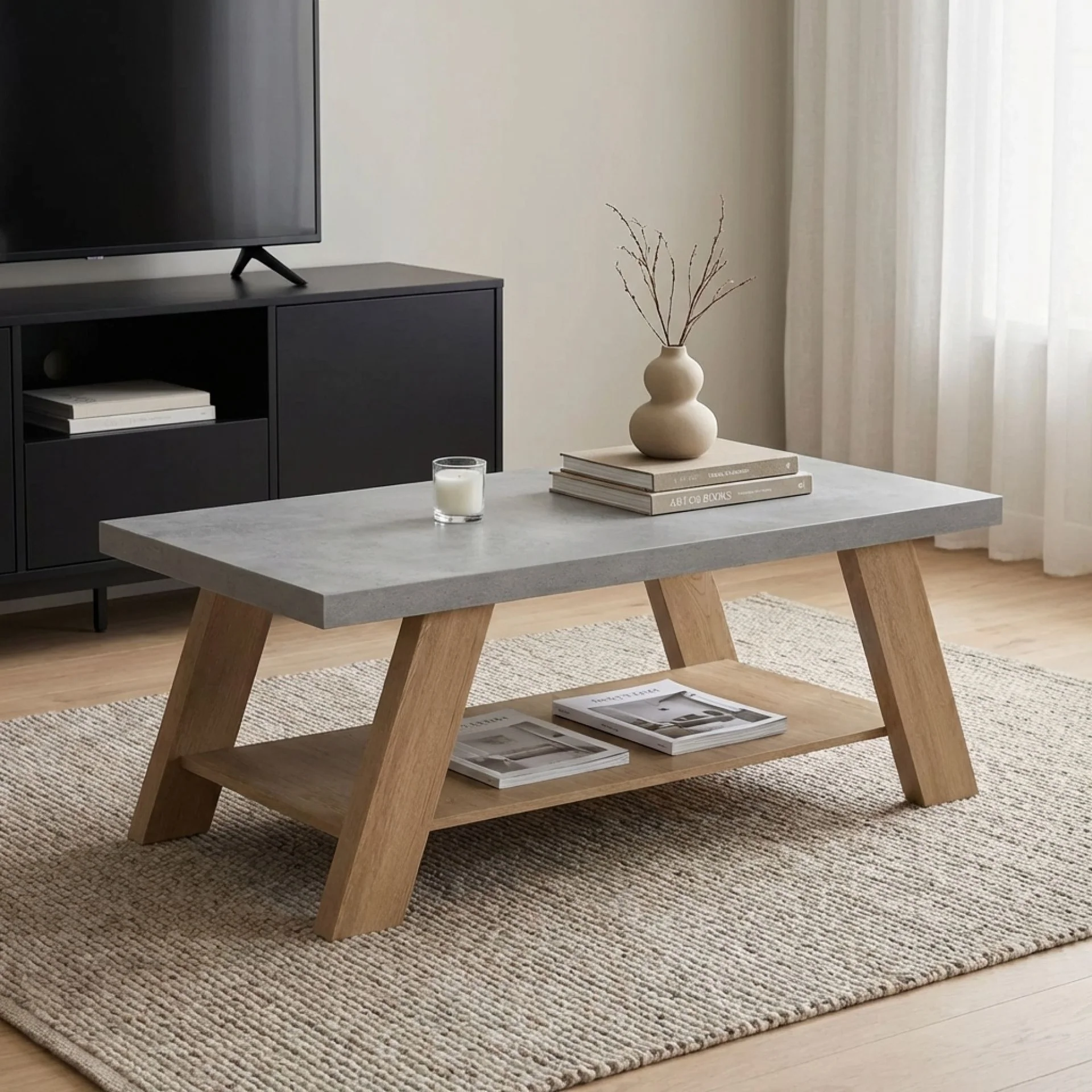 Tommie Rectangular Coffee Table - Cement + Oak - Image 2