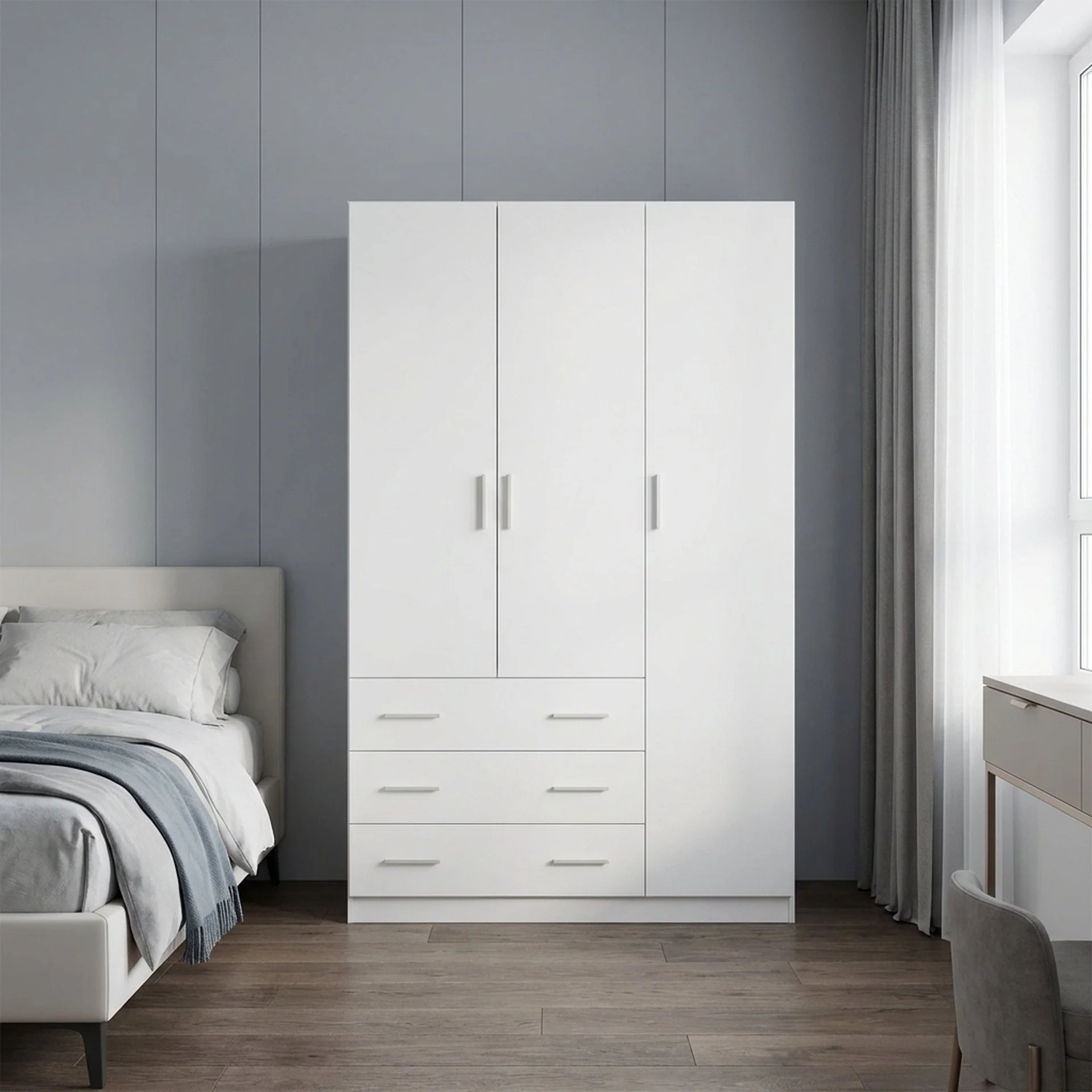 Tongass 3 Door Wardrobe with 3 Drawers - White - Image 7