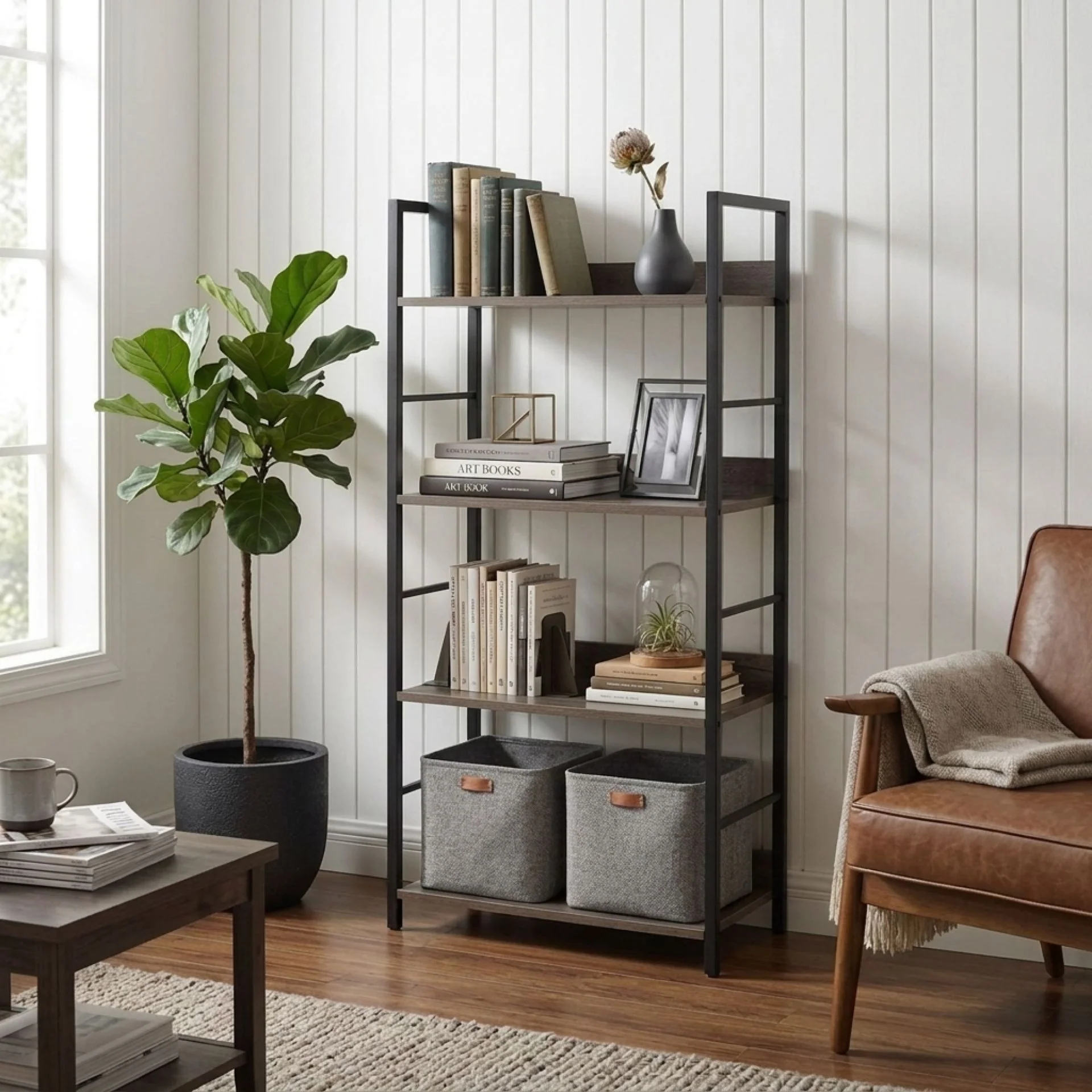 Towai 4 Tier Storage Shelf - Grey Oak + Black