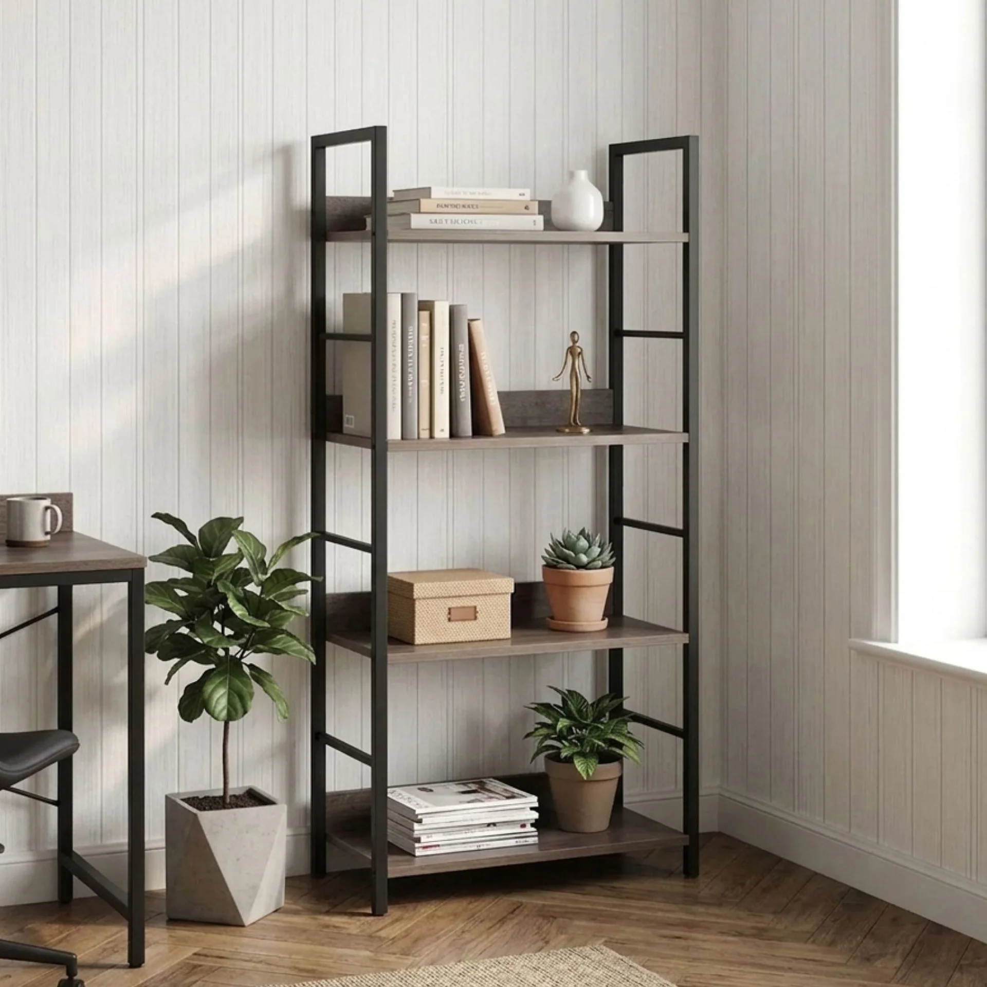 Towai 4 Tier Storage Shelf - Grey Oak + Black - Image 4