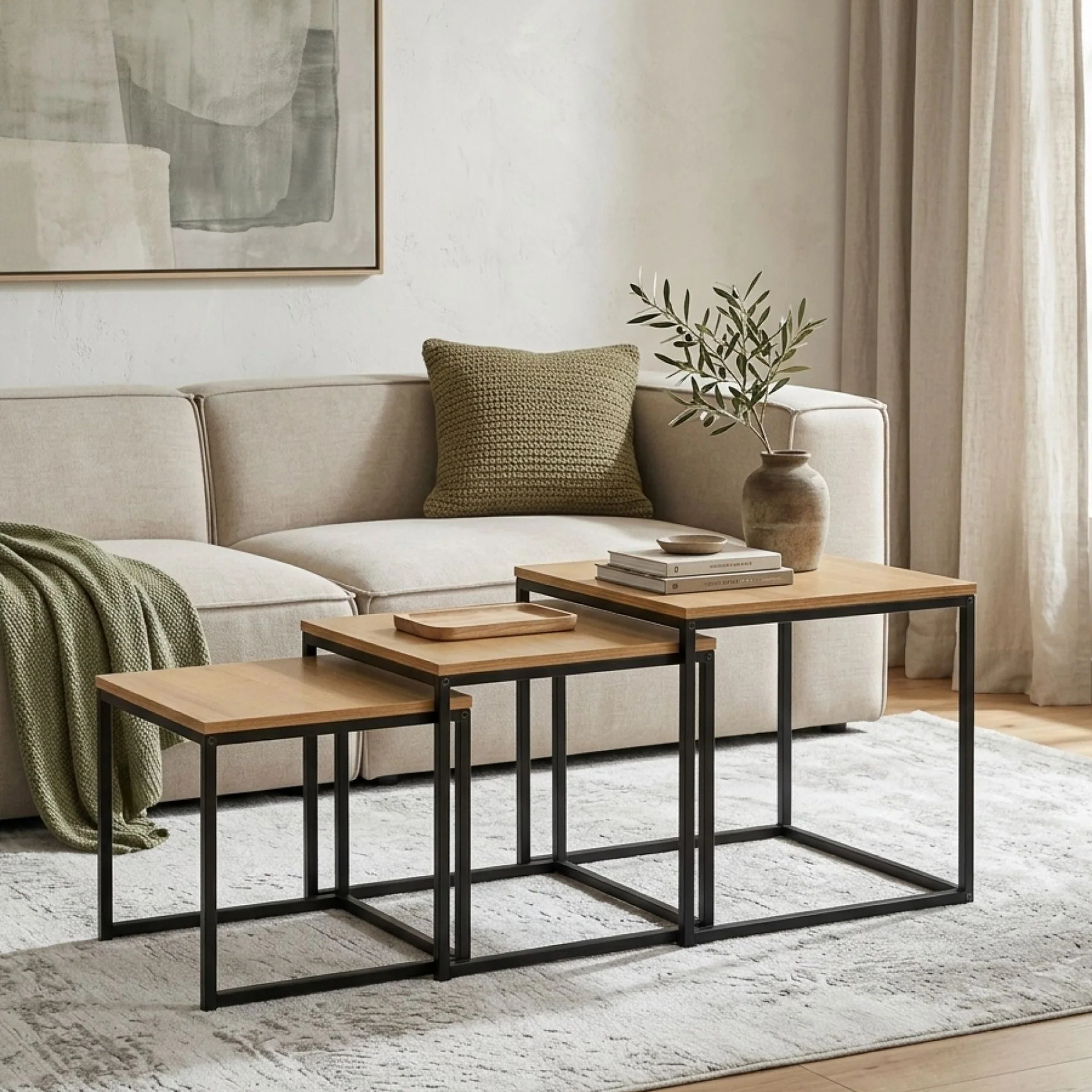 Trio 3 Piece Nesting Coffee Table Set - Oak - Image 4