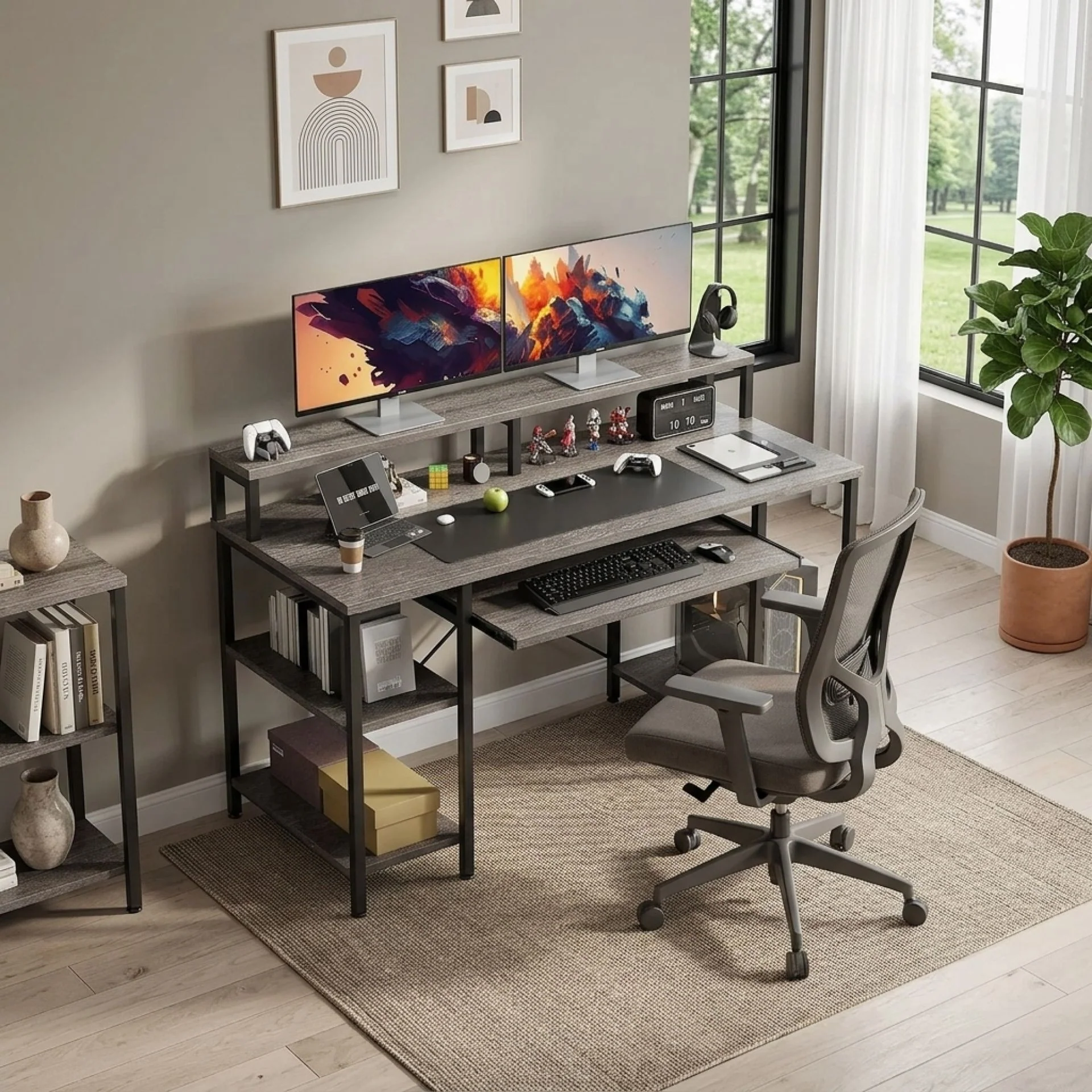 Tyler 120cm Computer Desk with Bookshelf - Grey Oak - Image 2