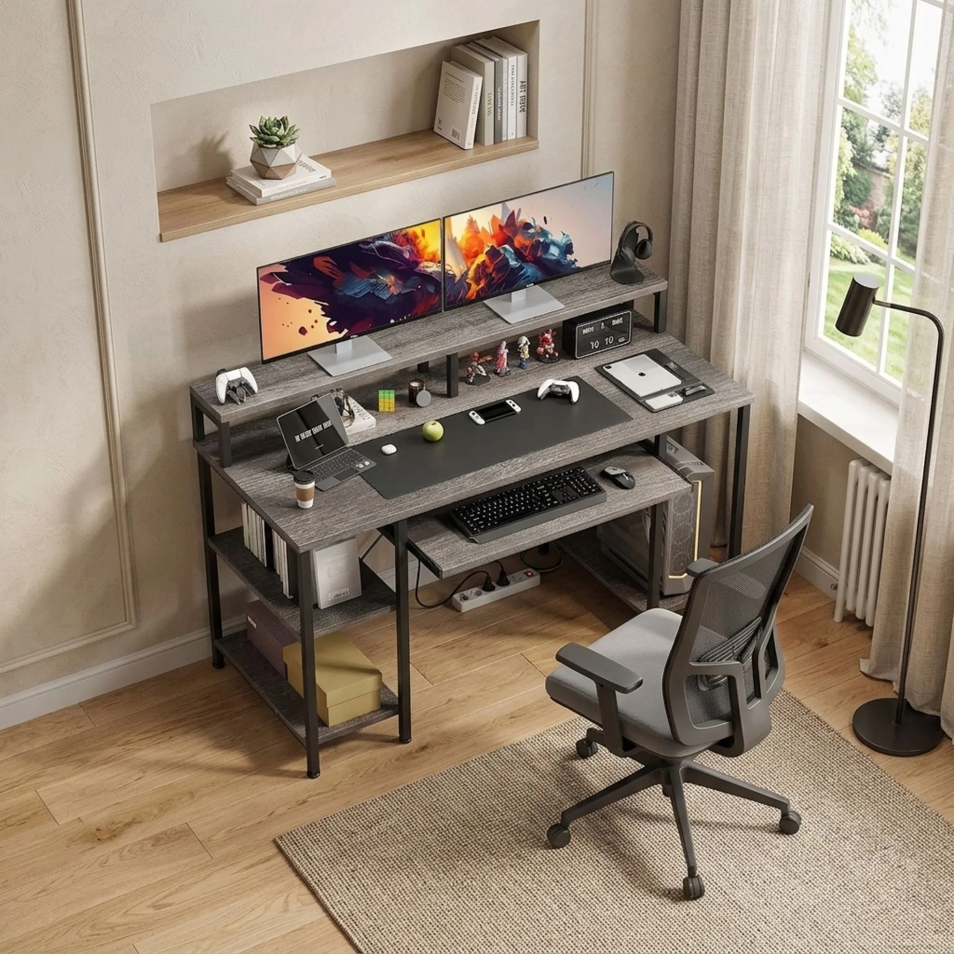 Tyler 120cm Computer Desk with Bookshelf - Grey Oak - Image 3