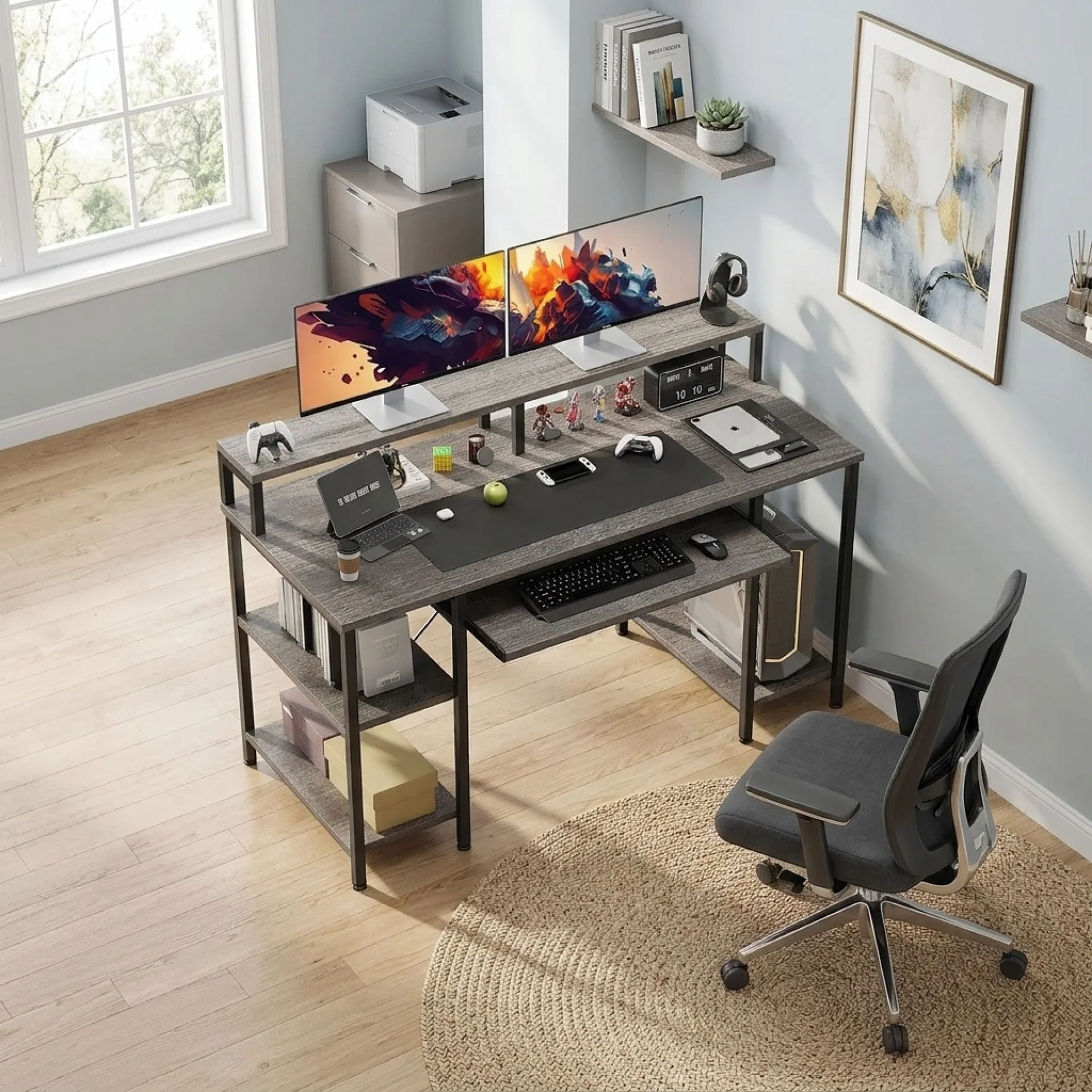 Tyler 120cm Computer Desk with Bookshelf - Grey Oak - Image 4