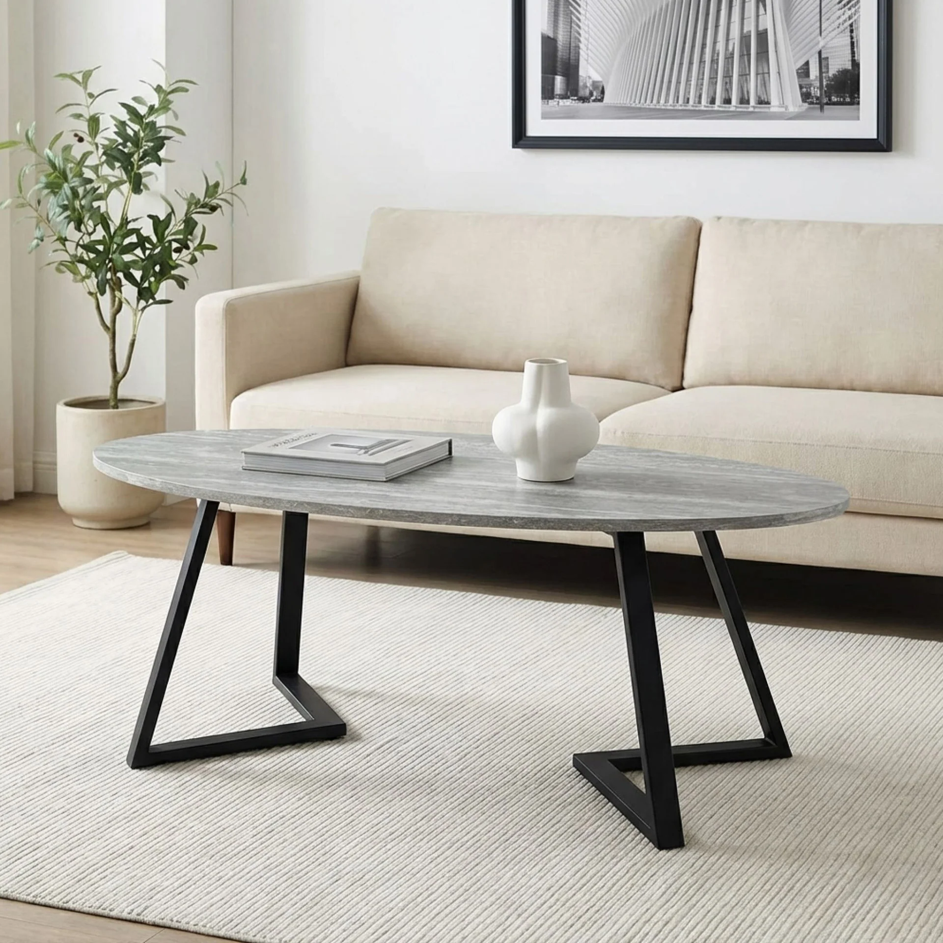 Ursula Oval Coffee Table 120 x 60cm - Grey + Black - Image 4