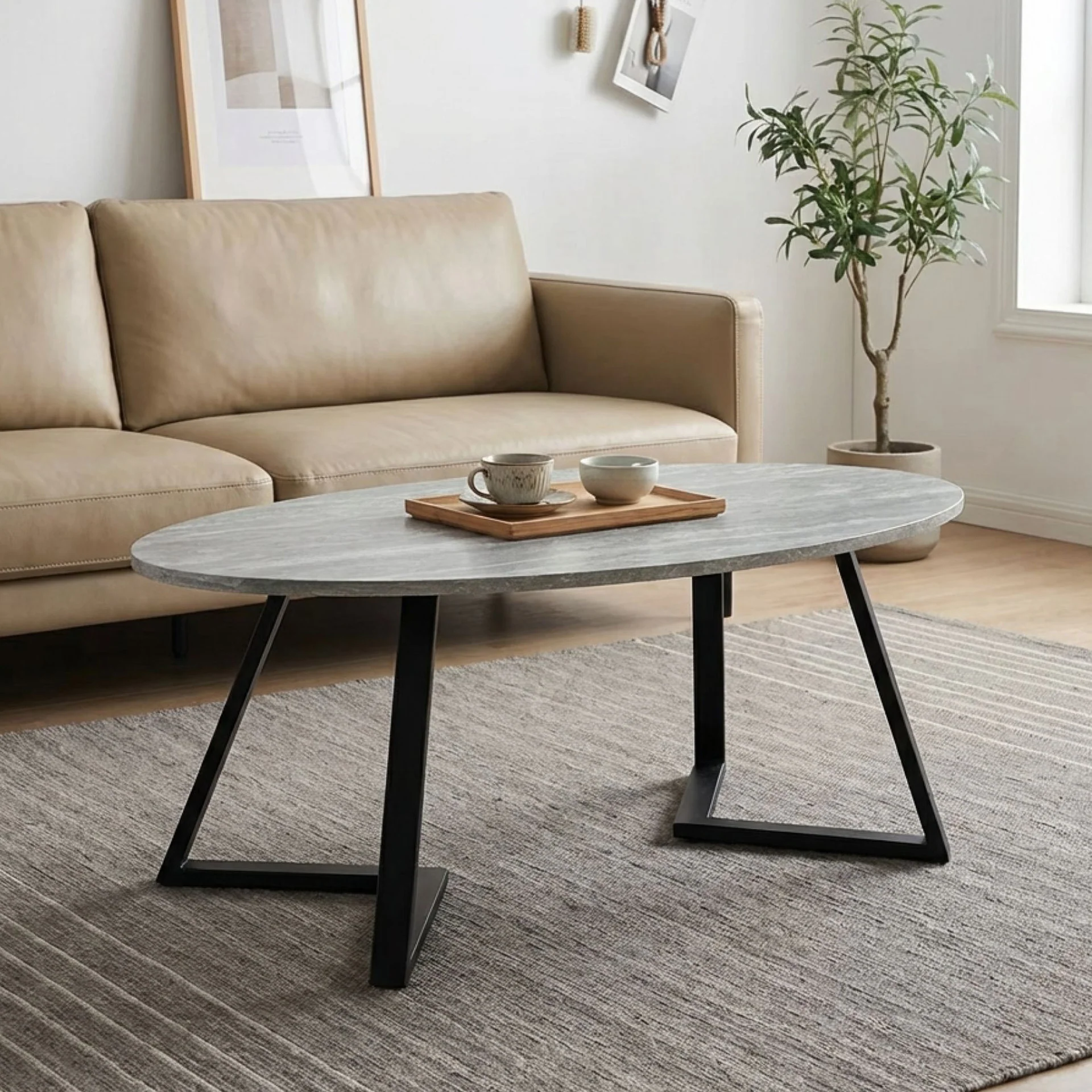 Ursula Oval Coffee Table 120 x 60cm - Grey + Black - Image 5