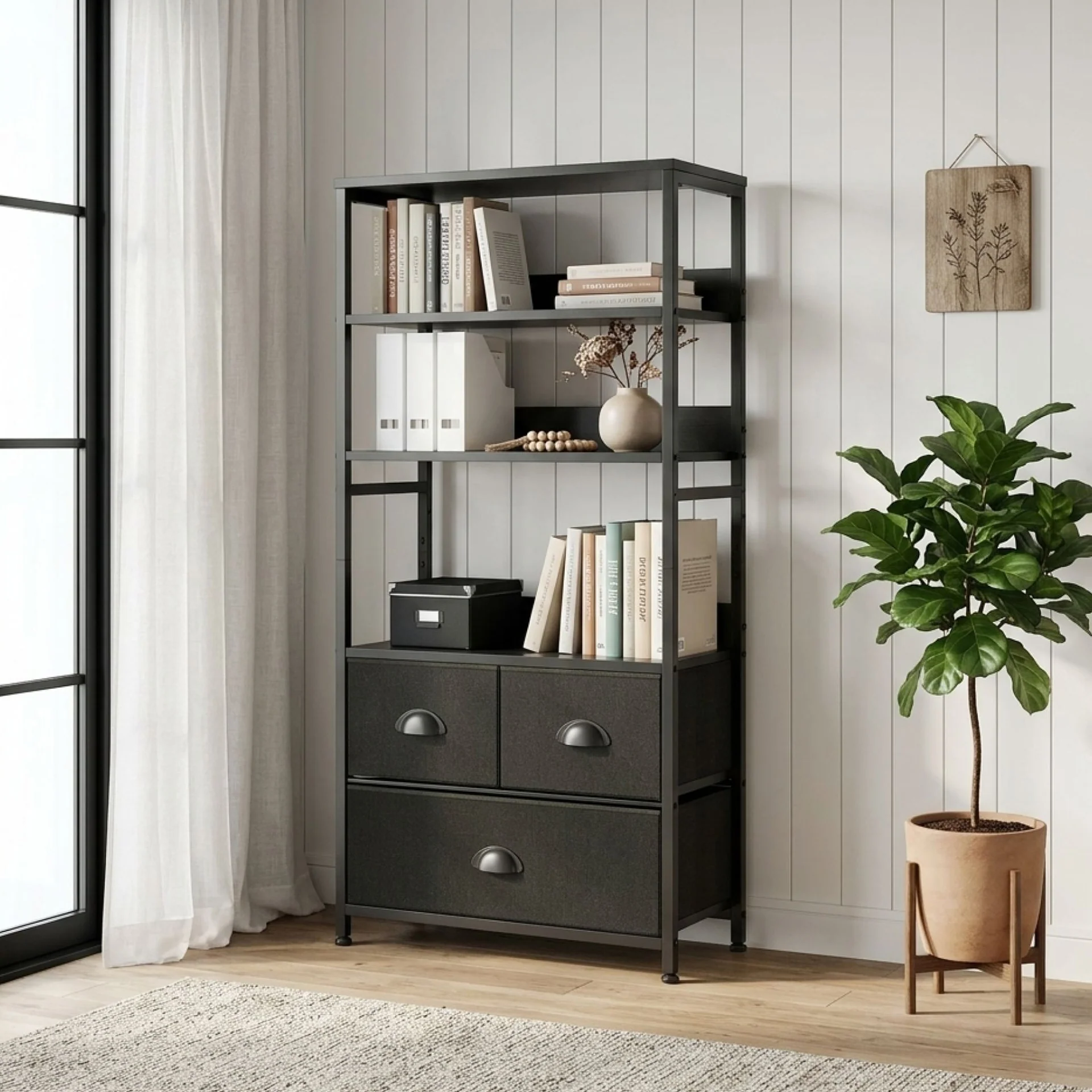 Whitby 4 Tier Storage Shelf with Drawers - Black - Image 2