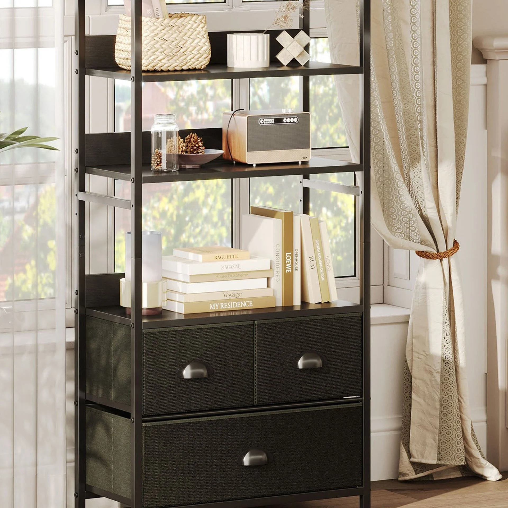 Whitby 4 Tier Storage Shelf with Drawers - Black - Image 6