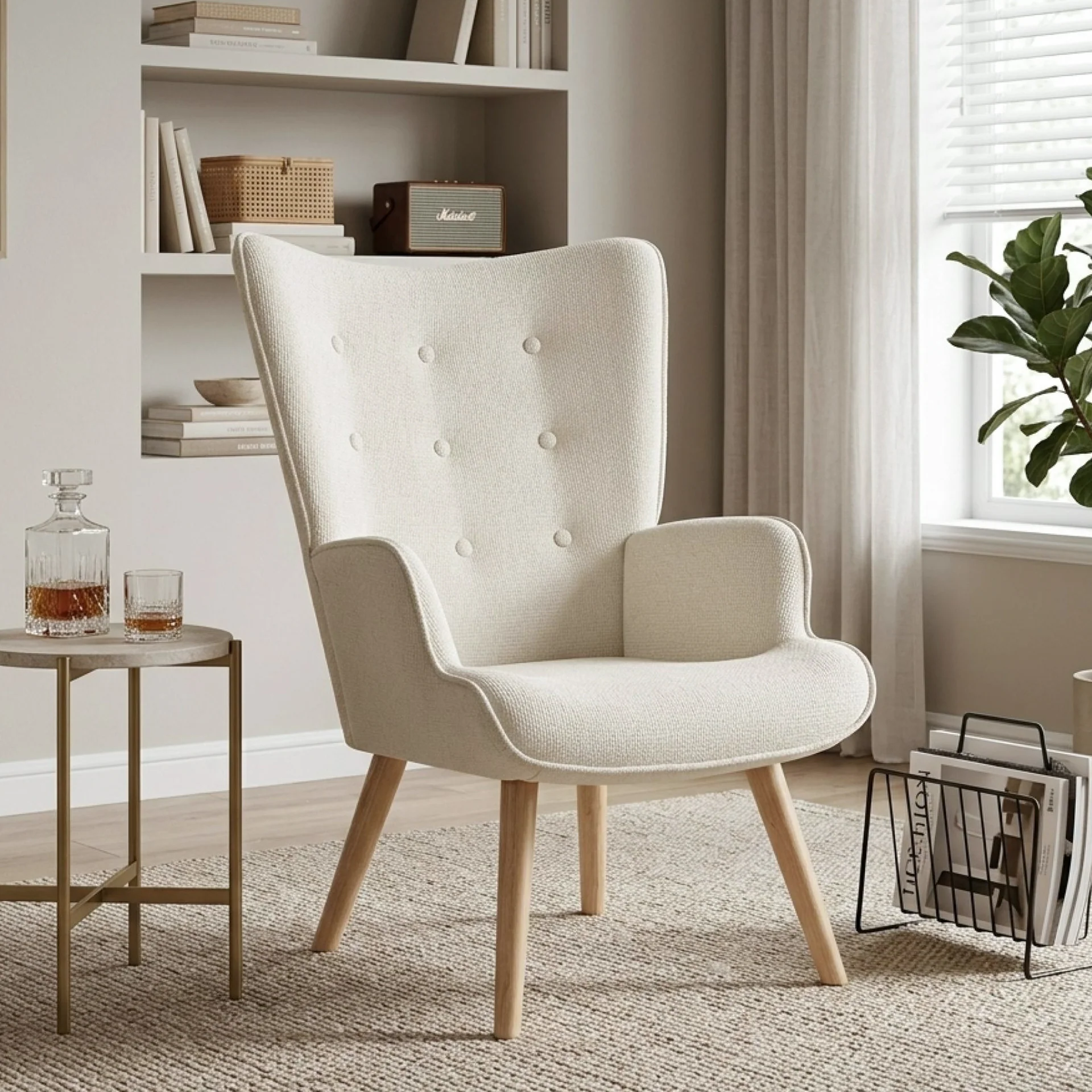 Wing Linen Armchair - Beige - Image 3