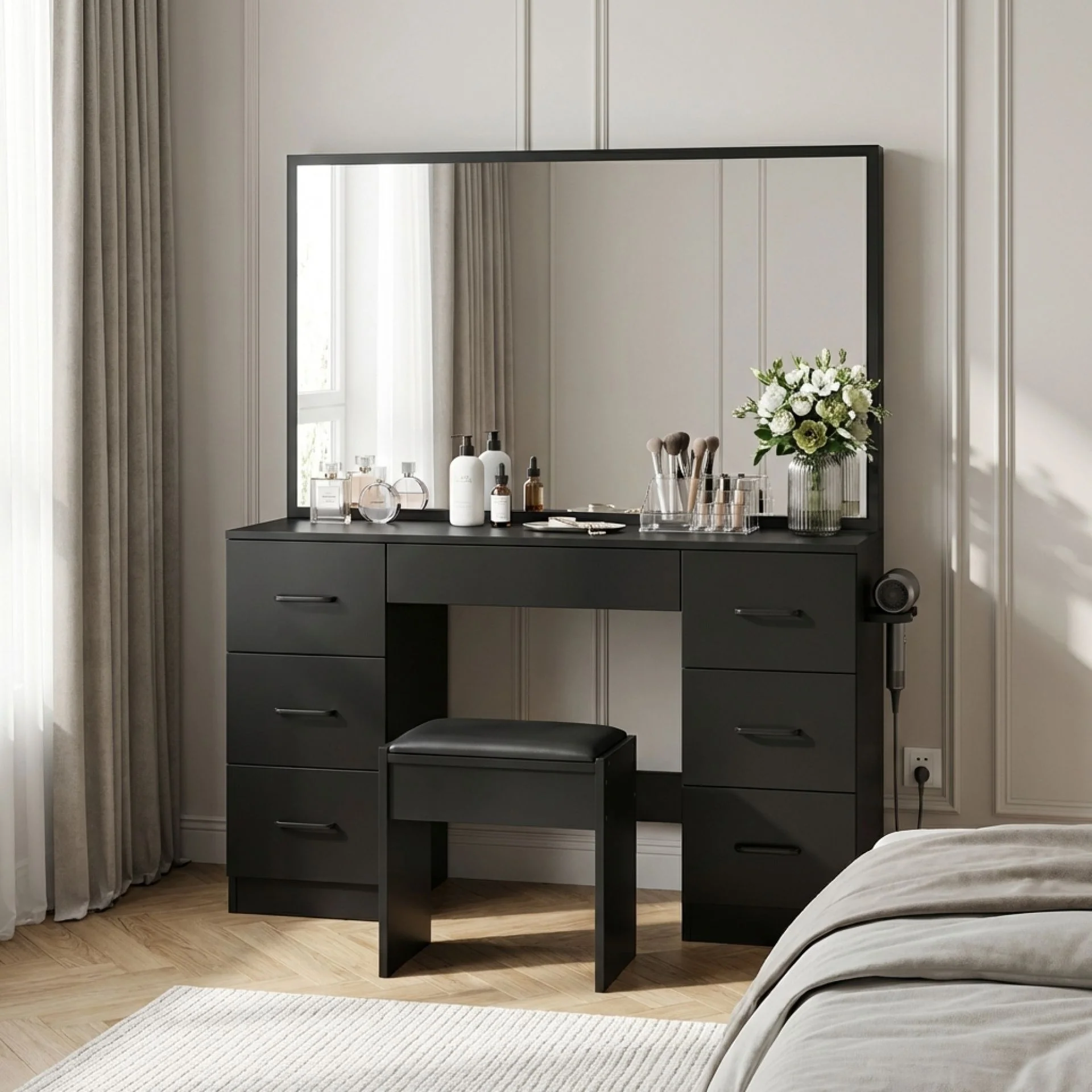 Wisteria 2 Piece Dressing Table with Mirror & Stool Set - Black - Image 3