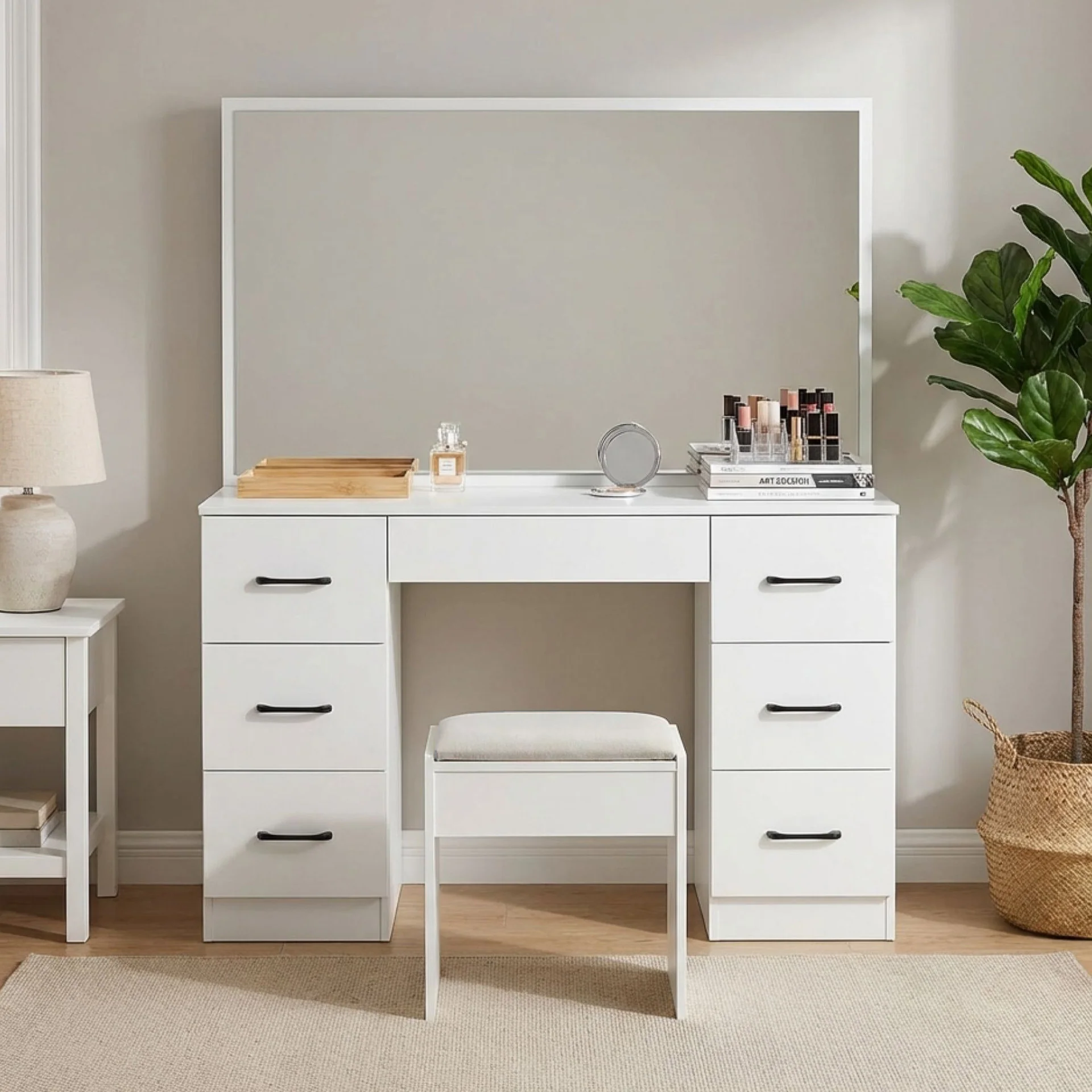 Wisteria 2 Piece Dressing Table with Mirror & Stool Set - White - Image 4