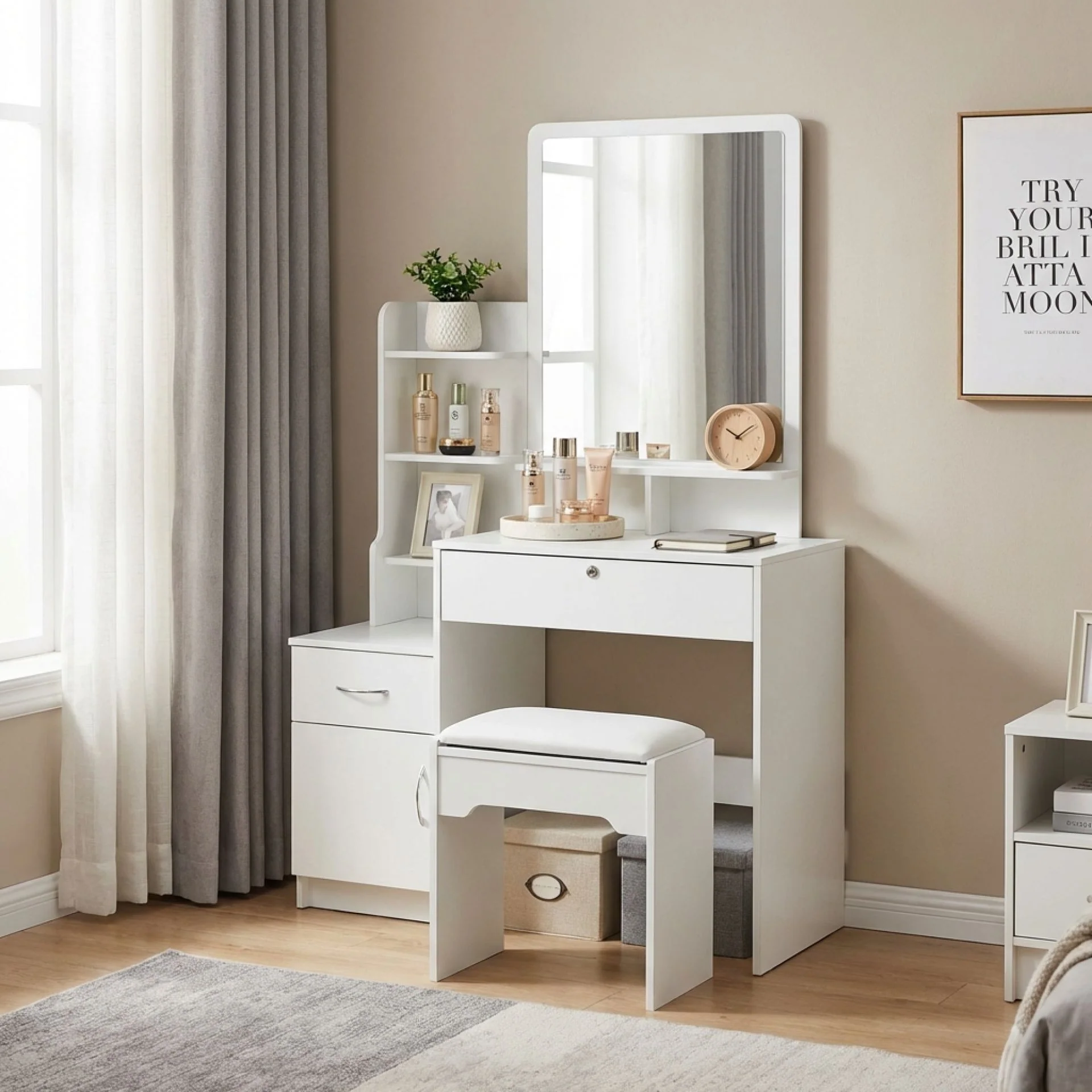 Zinnia 2 Drawer Dressing Table Set 2pcs - White