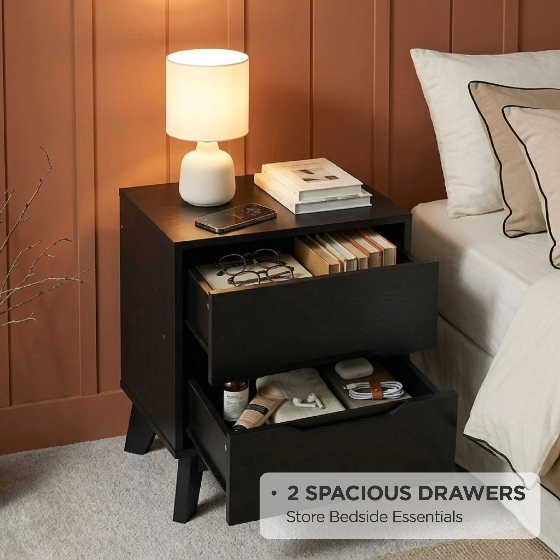 Zora 2 Drawer Bedside Table - Black - Image 3
